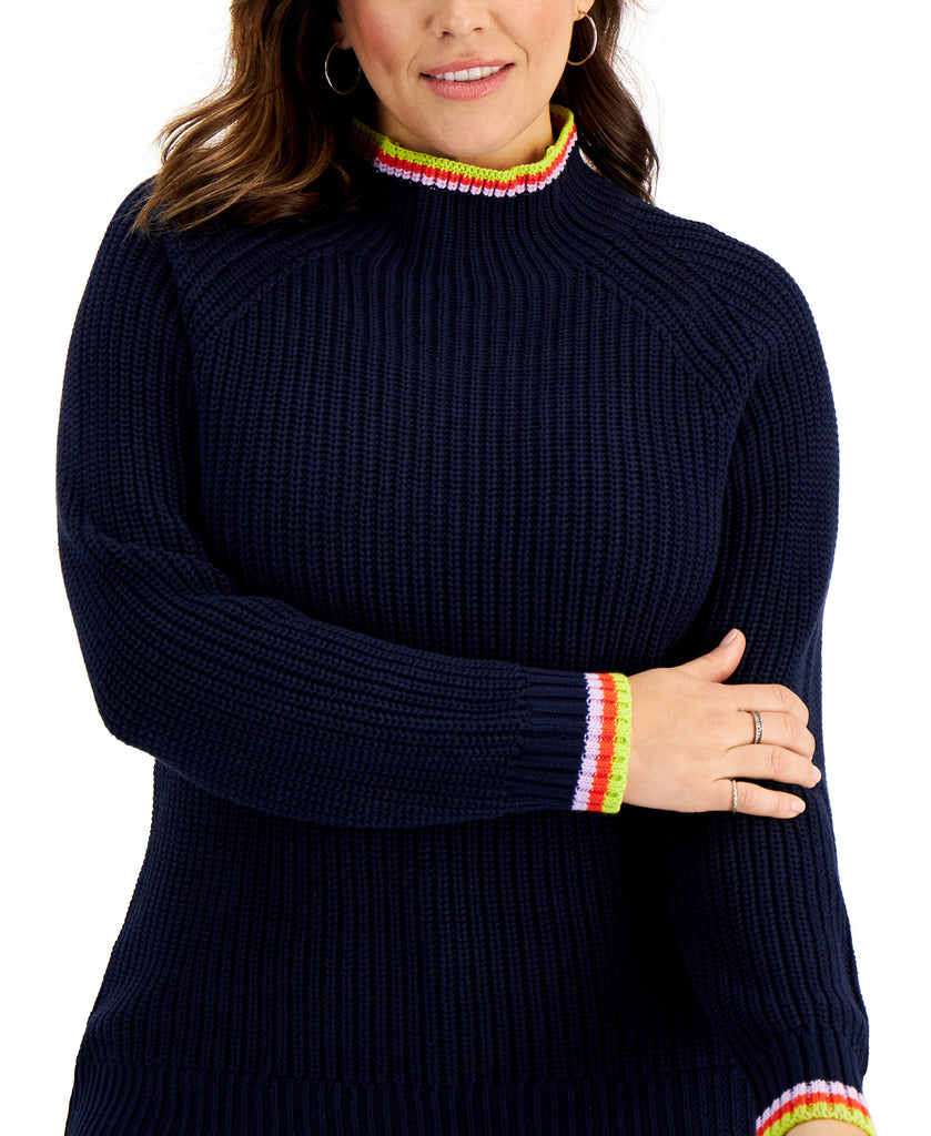 Style & Co Women Plus Cotton Striped Detail Funnel Neck Sweater