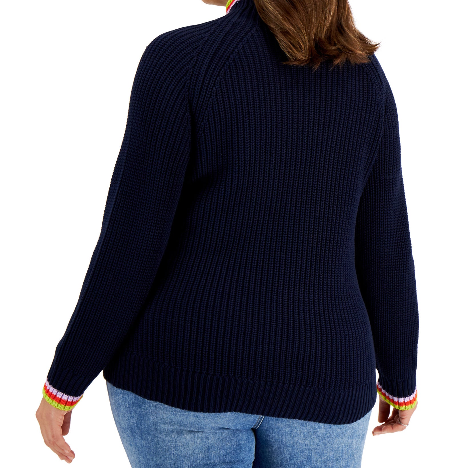 Style & Co Women Plus Cotton Striped Detail Funnel Neck Sweater