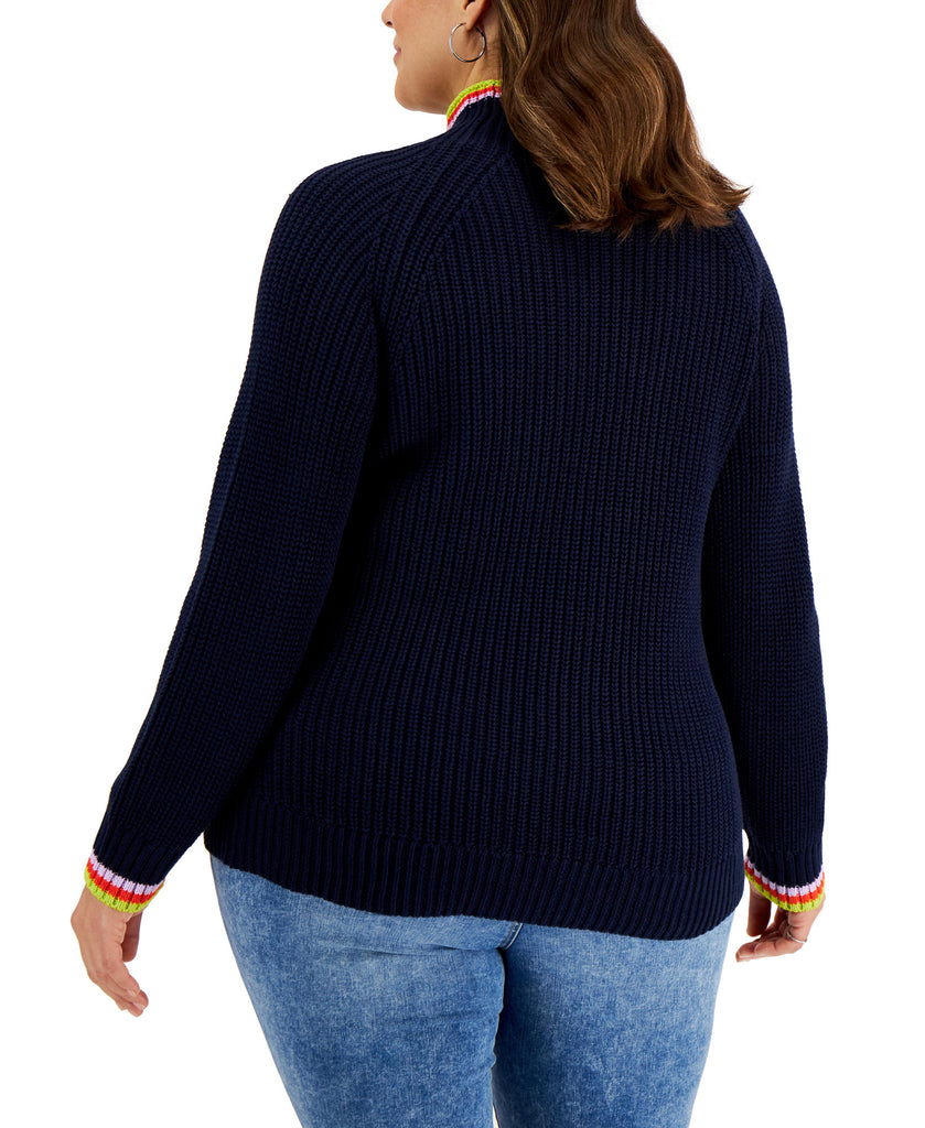 Style & Co Women Plus Cotton Striped Detail Funnel Neck Sweater