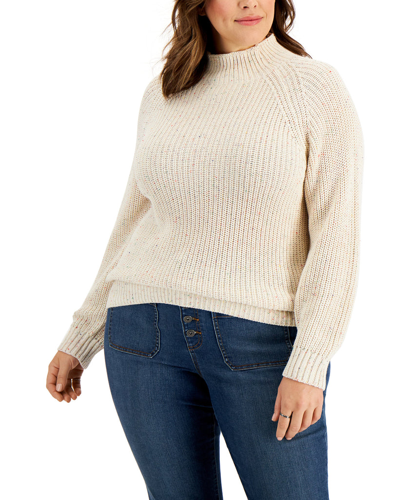 Style & Co Women Plus Nep Funnel Neck Sweater Multi Nep Ivory