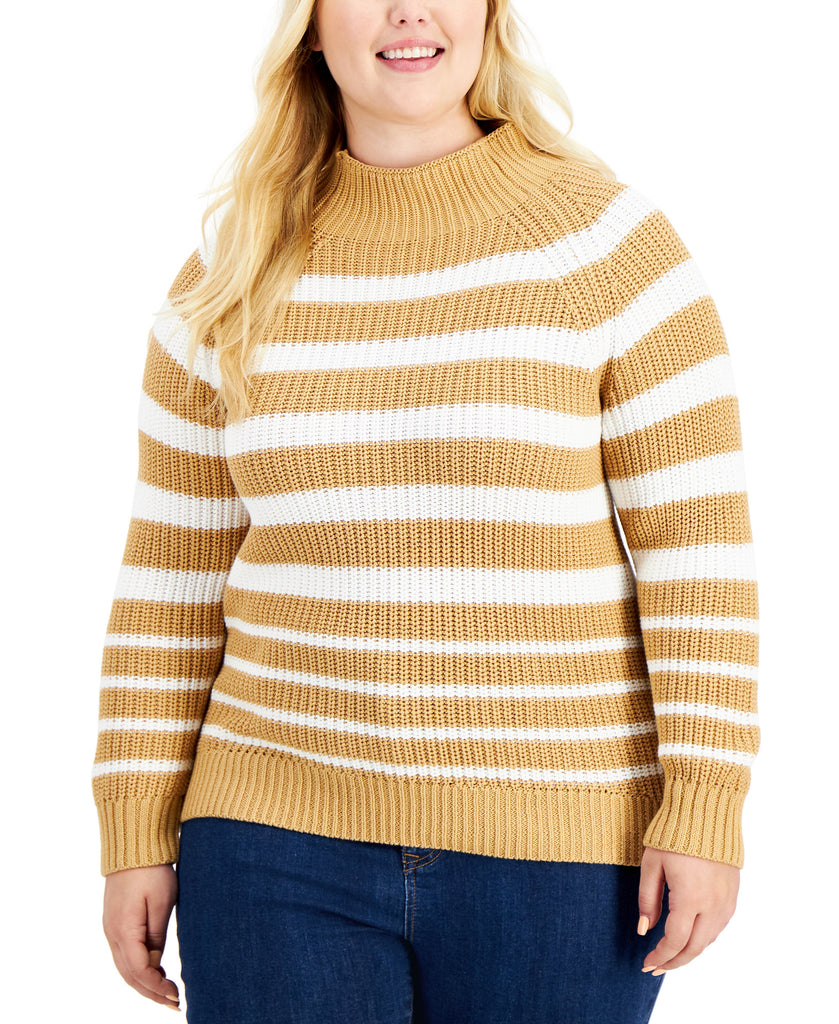 Style & Co Women Plus Cotton Striped Funnel Neck Sweater Stripe Coffee
