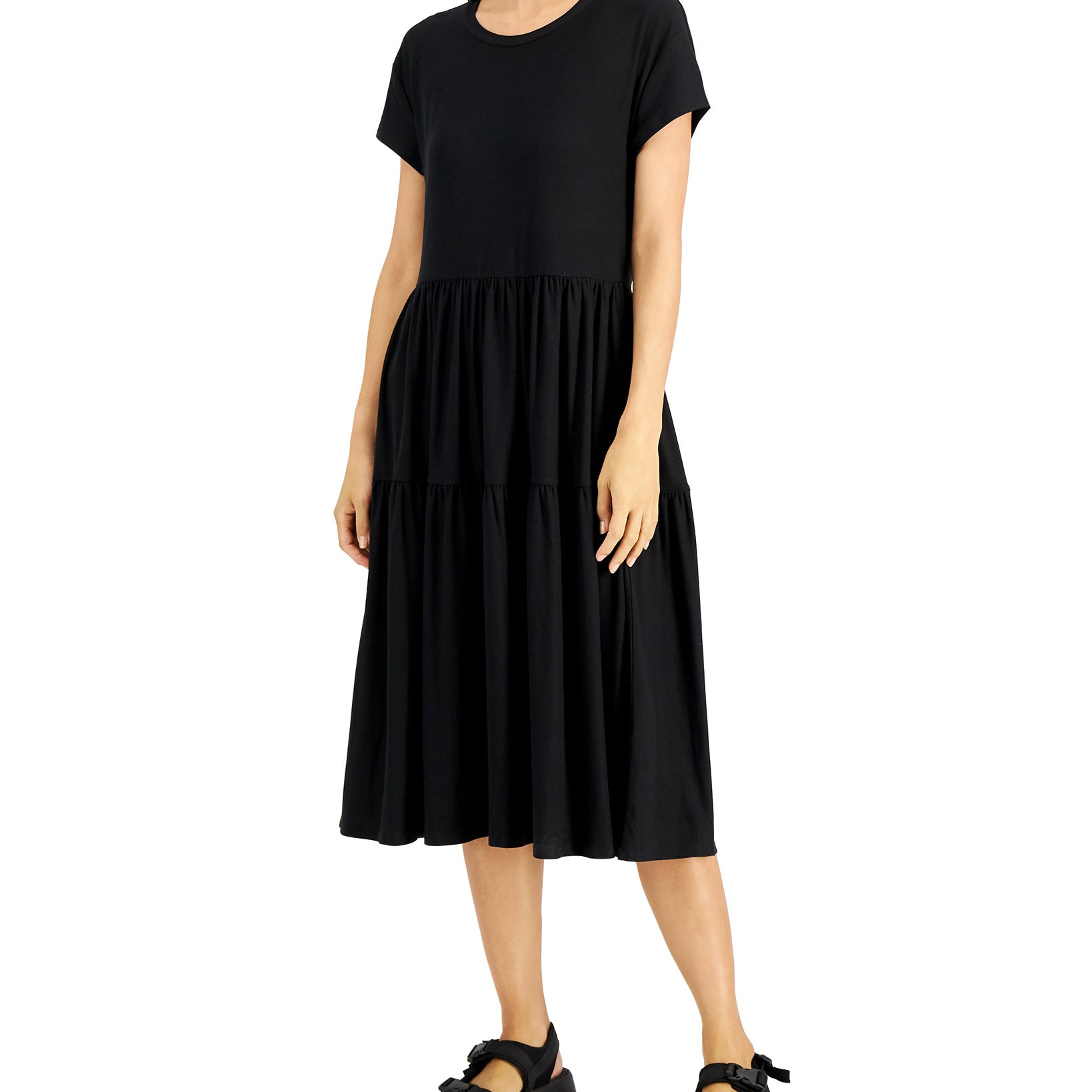 JAMIE & LAYLA Women Petite Tiered Crewneck Midi Dress Black Beauty