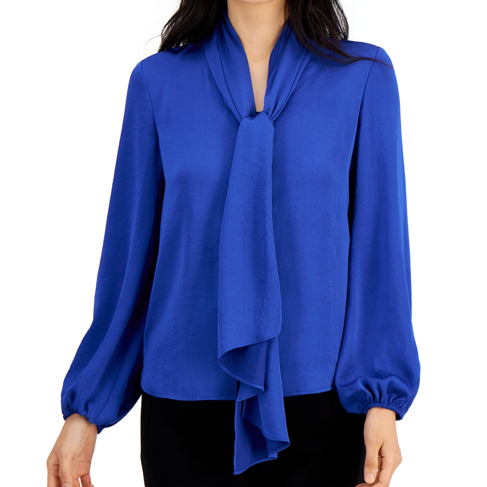 Bar III Women Tie Neck Cinched Sleeve Blouse Ibiza Blue