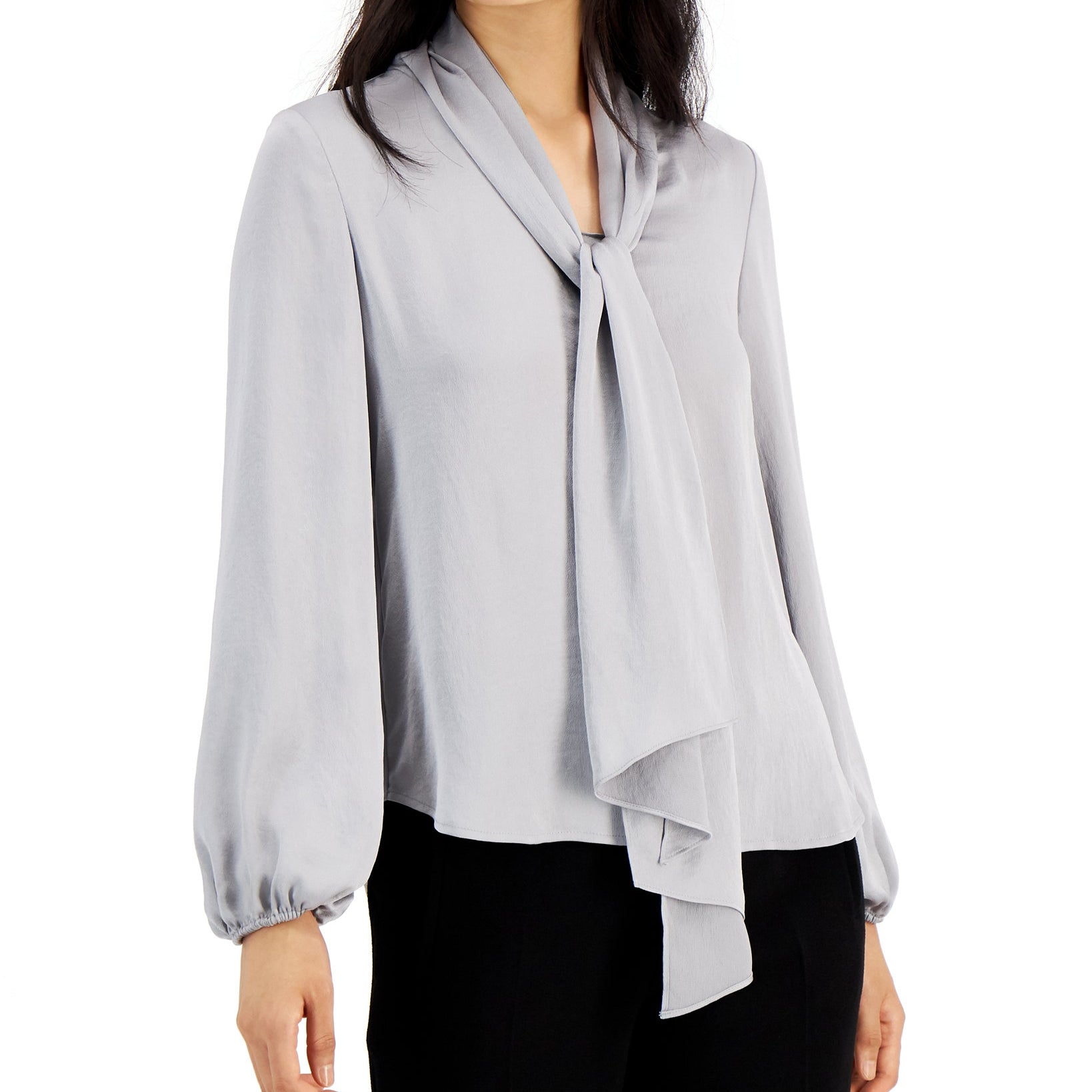 Bar III Women Tie Neck Cinched Sleeve Blouse Platinum