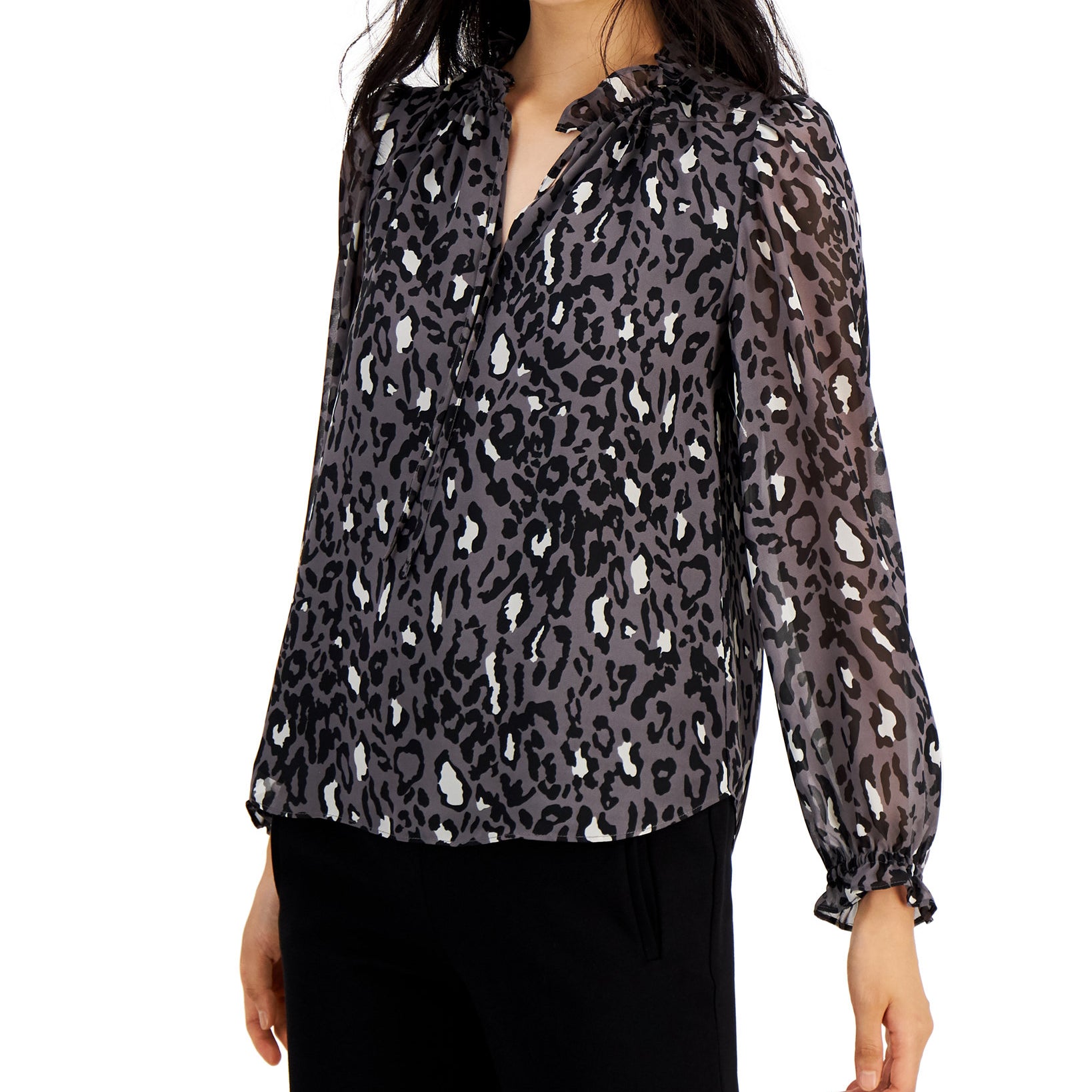 Bar III Women Animal Print Ruffle Sleeve Blouse Dark Platinum Combo