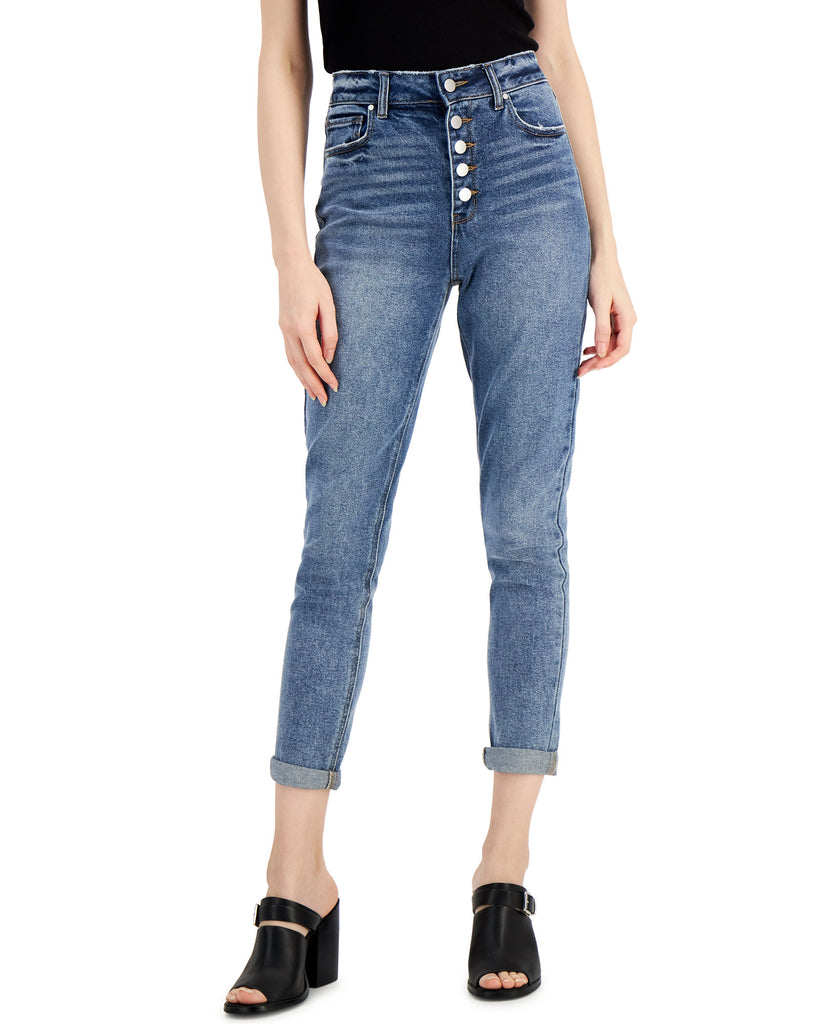 Tinseltown Women Cuffed Exposed Button Mom Jeans Sinner Wash