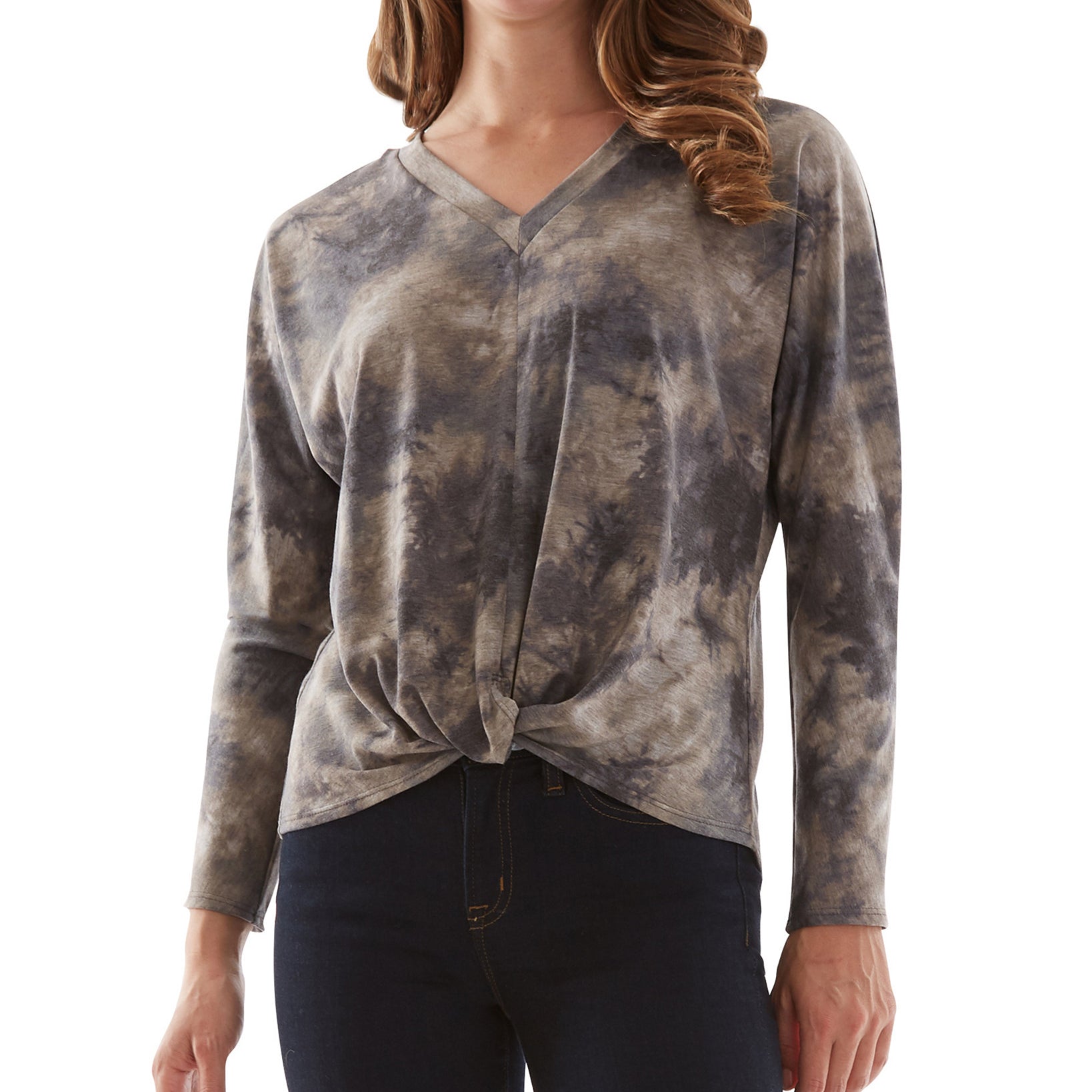 BCX Women Tie Dyed Knot Waist Top Grey Tie Dye