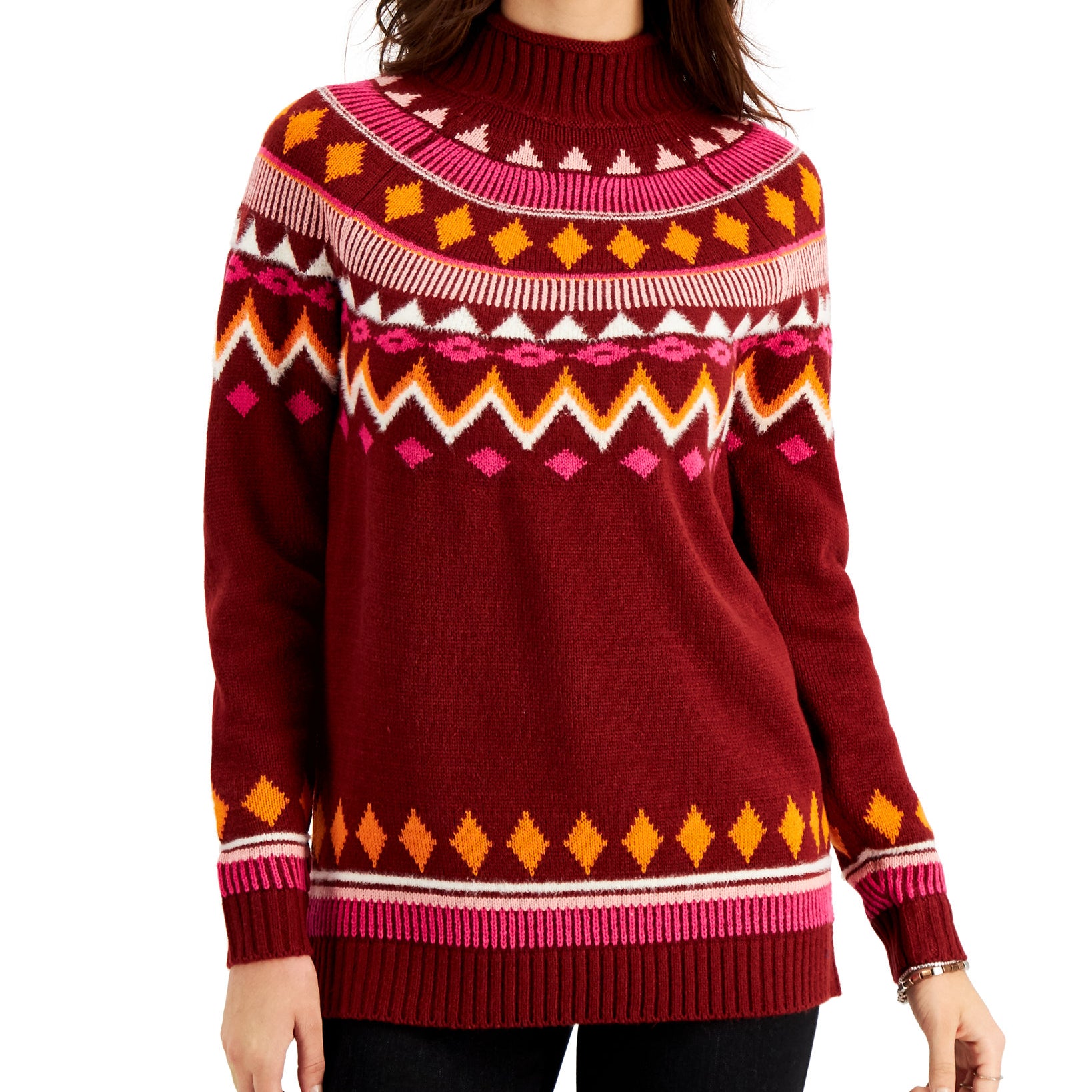 Style & Co Women Fair Isle Mock Neck Sweater Fiery Red