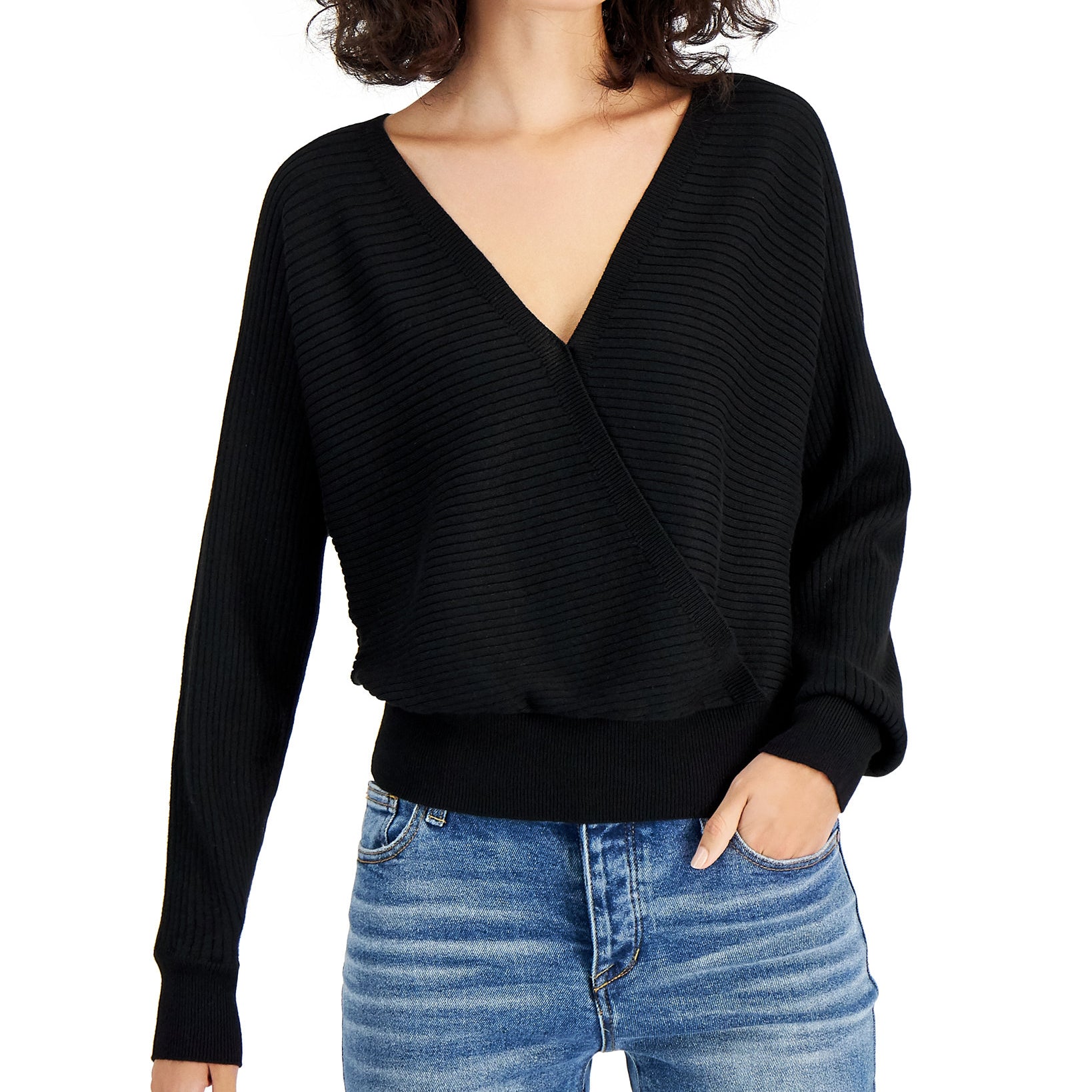 Planet Gold Women Double V Neck Sweater Black Beauty