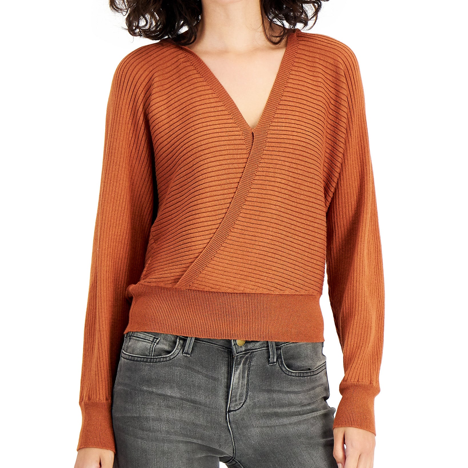 Planet Gold Women Double V Neck Sweater Gingerbread