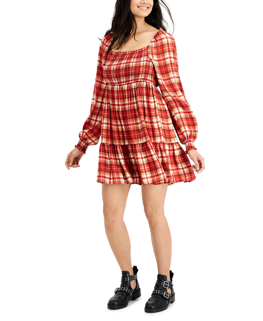 Love, Fire Women Smocked Tiered Dress Red Plaid