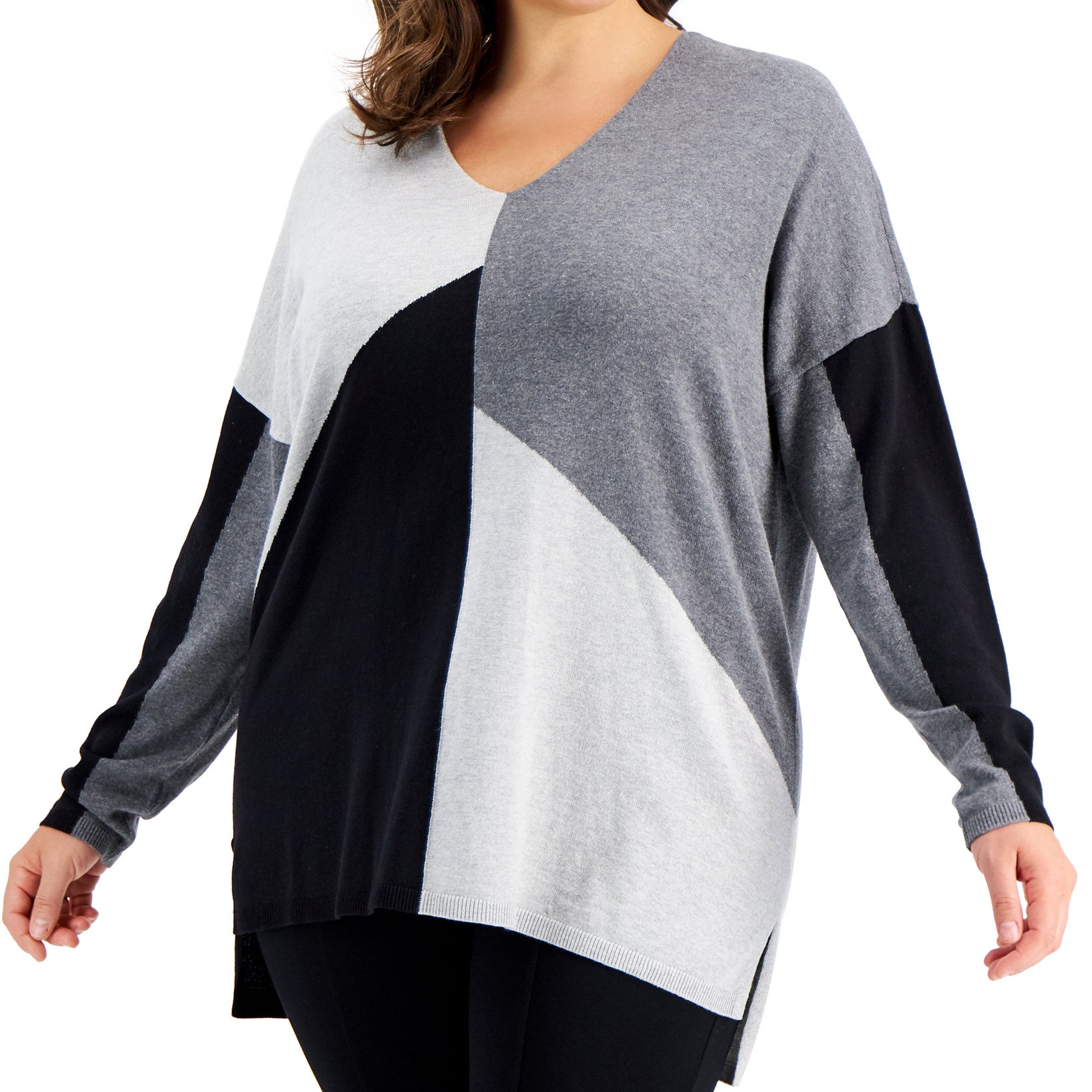 INC International Concepts Women Print V Neck Step Hem Sweater Grey Combo
