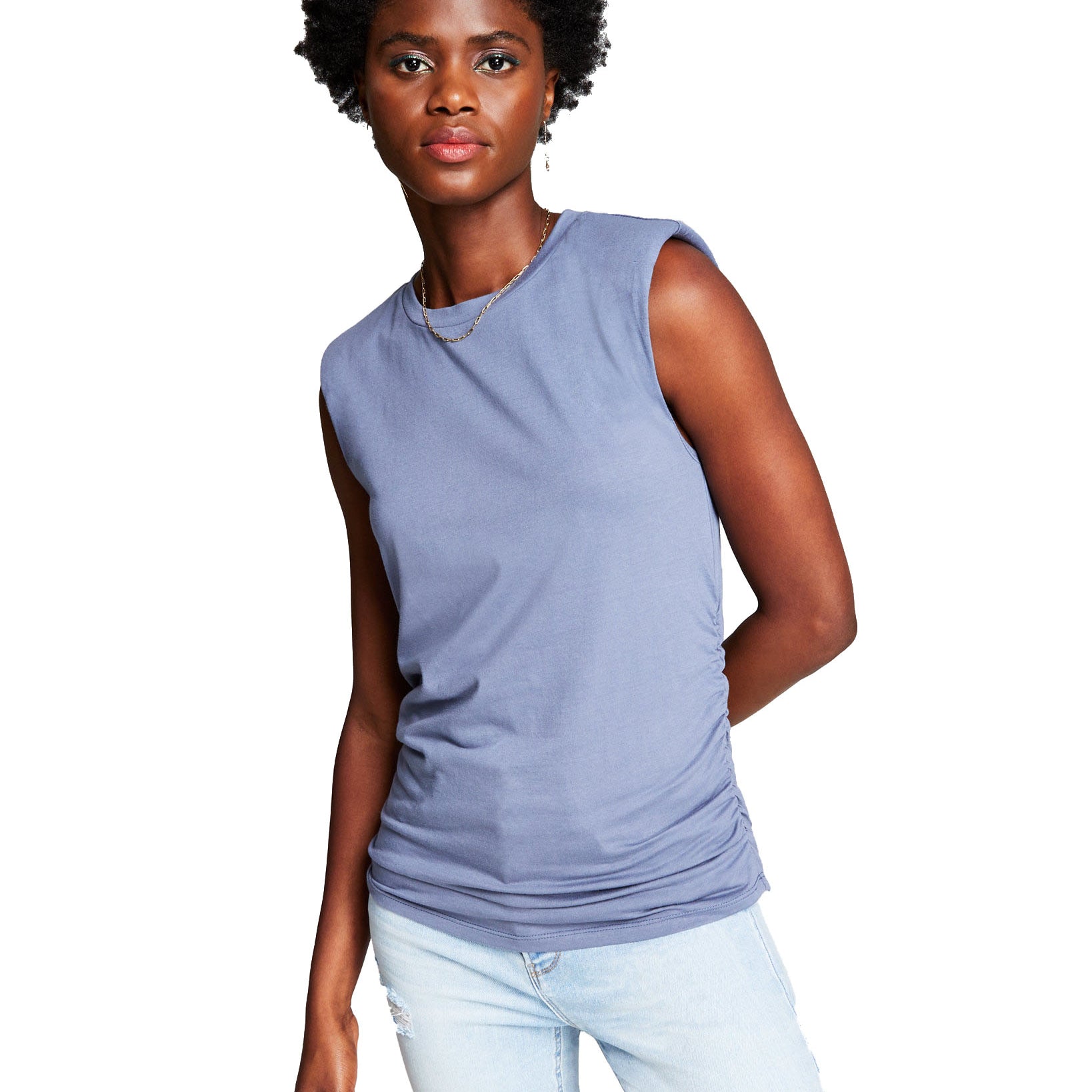 And Now This Women Shoulder Pad Muscle T Shirt Grey Blue