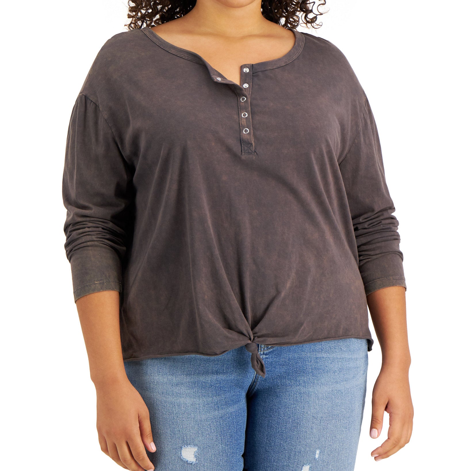 Rebellious One Women Plus Tie Hem Henley Charcoal