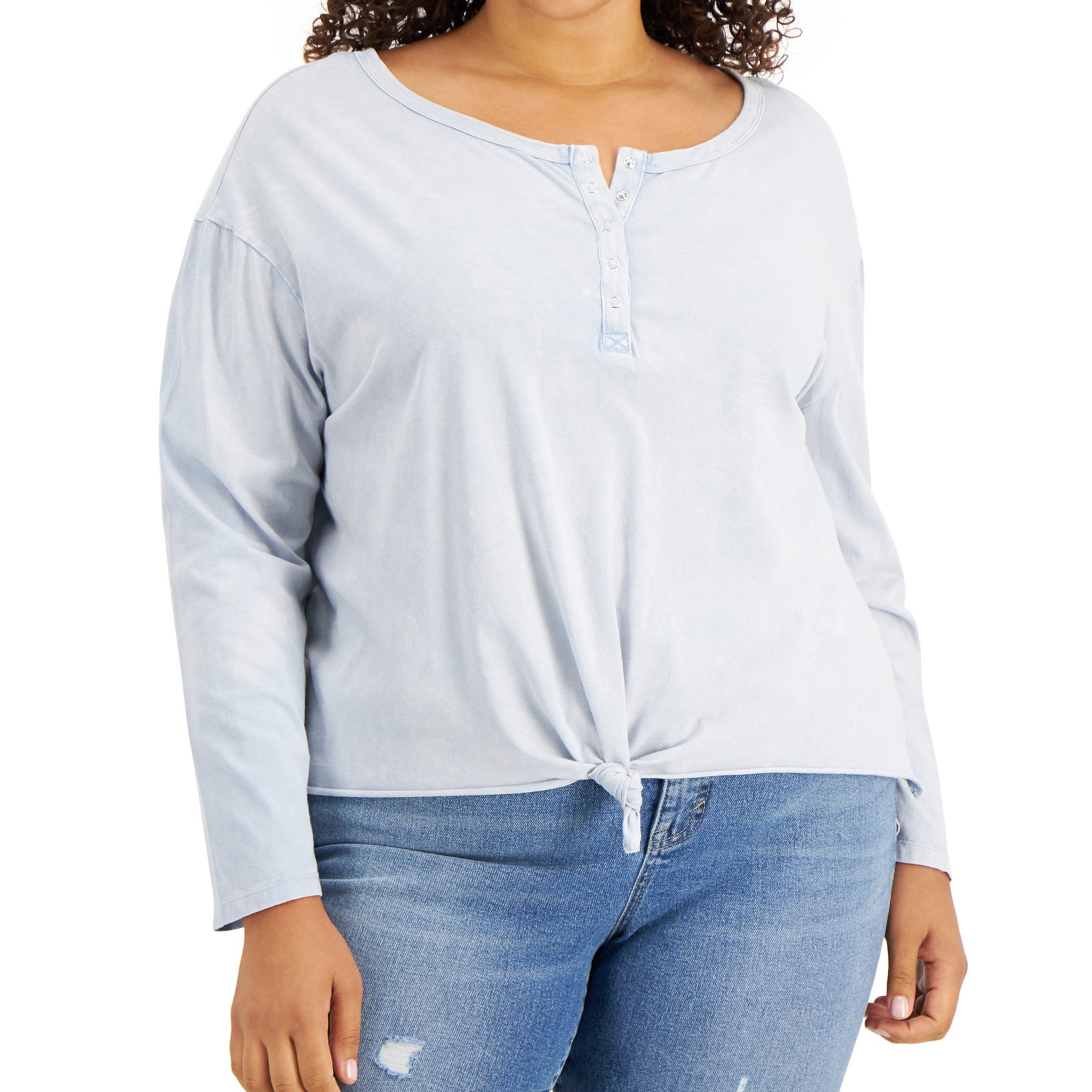 Rebellious One Women Plus Tie Hem Henley Dusty Blue