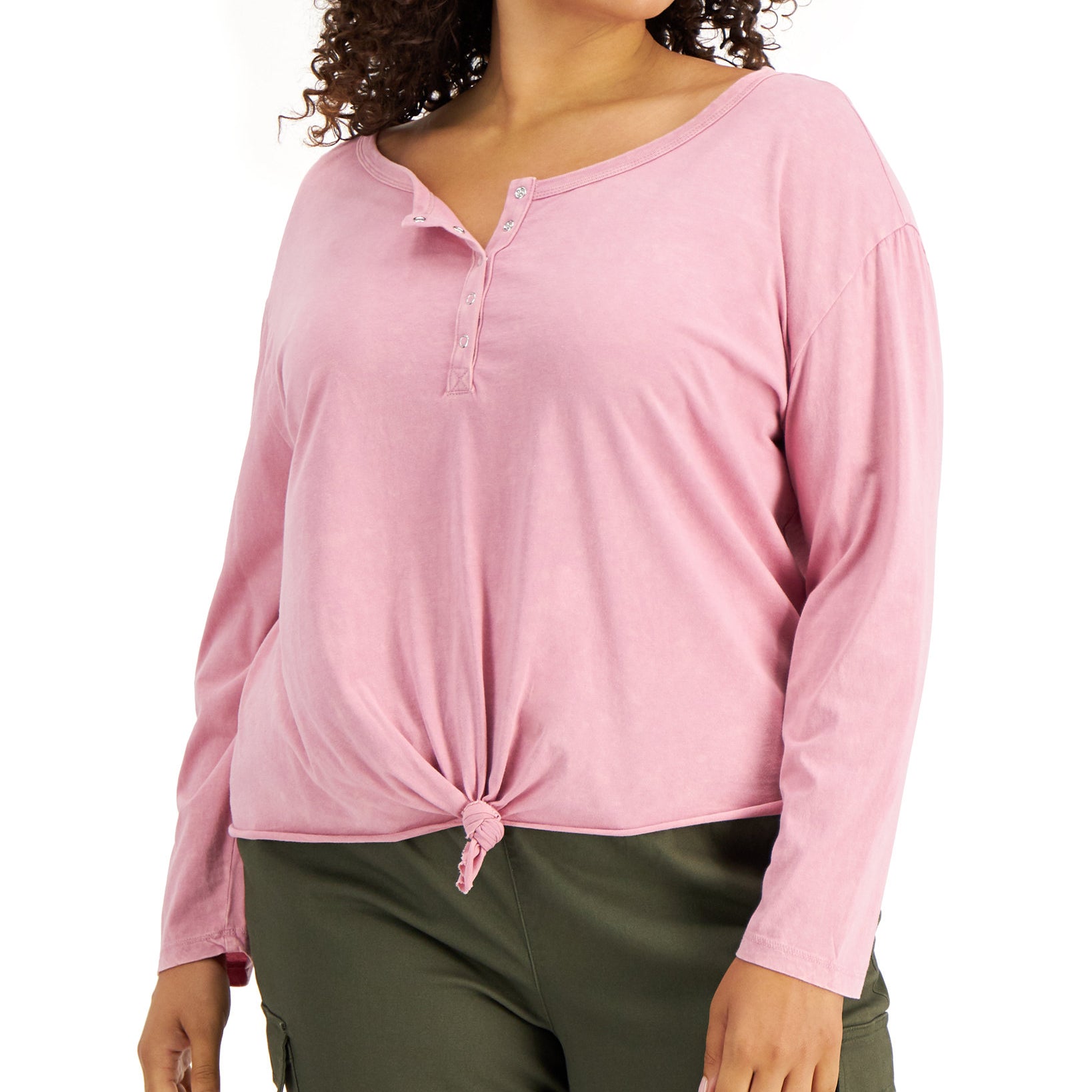 Rebellious One Women Plus Tie Hem Henley Lilas