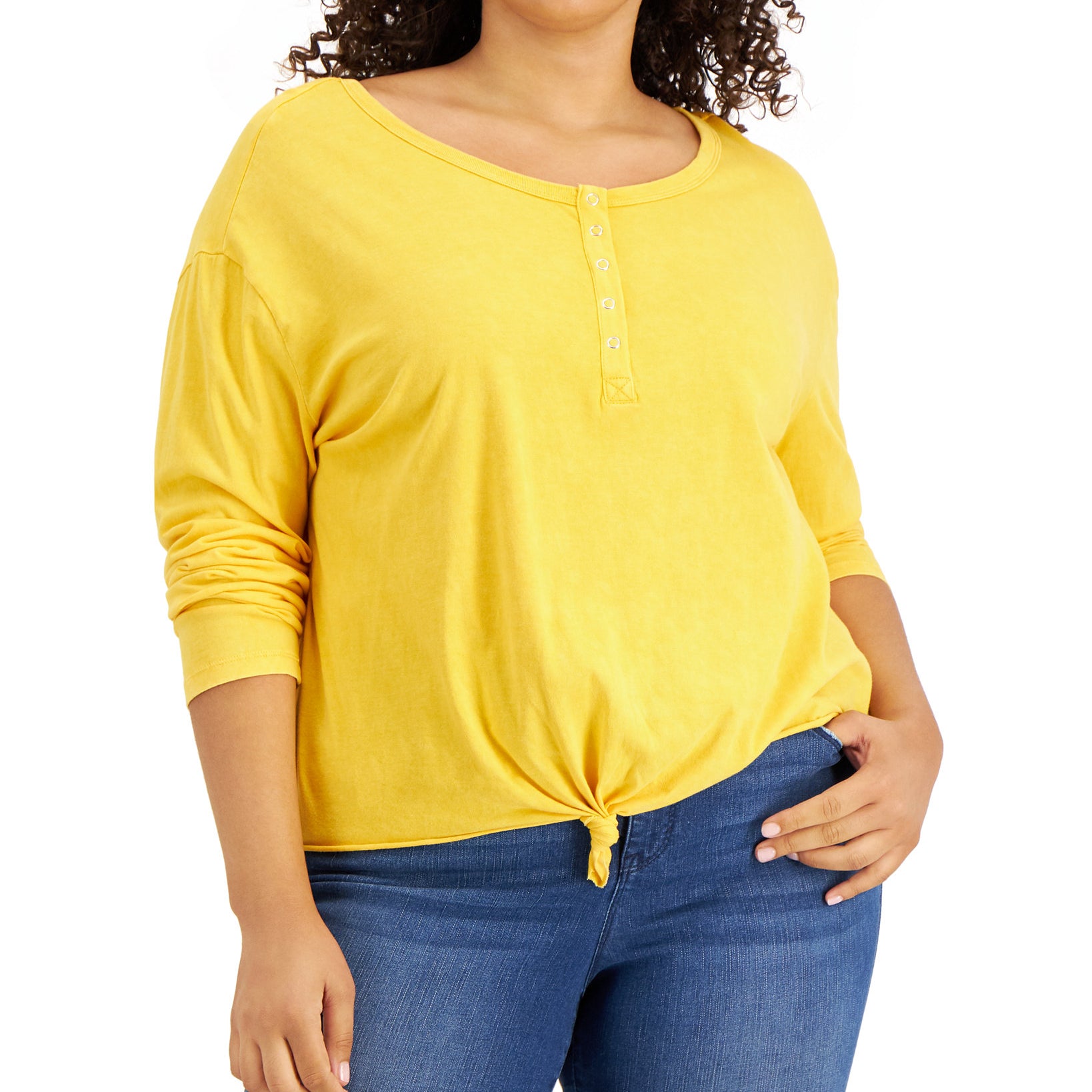 Rebellious One Women Plus Tie Hem Henley Mustard