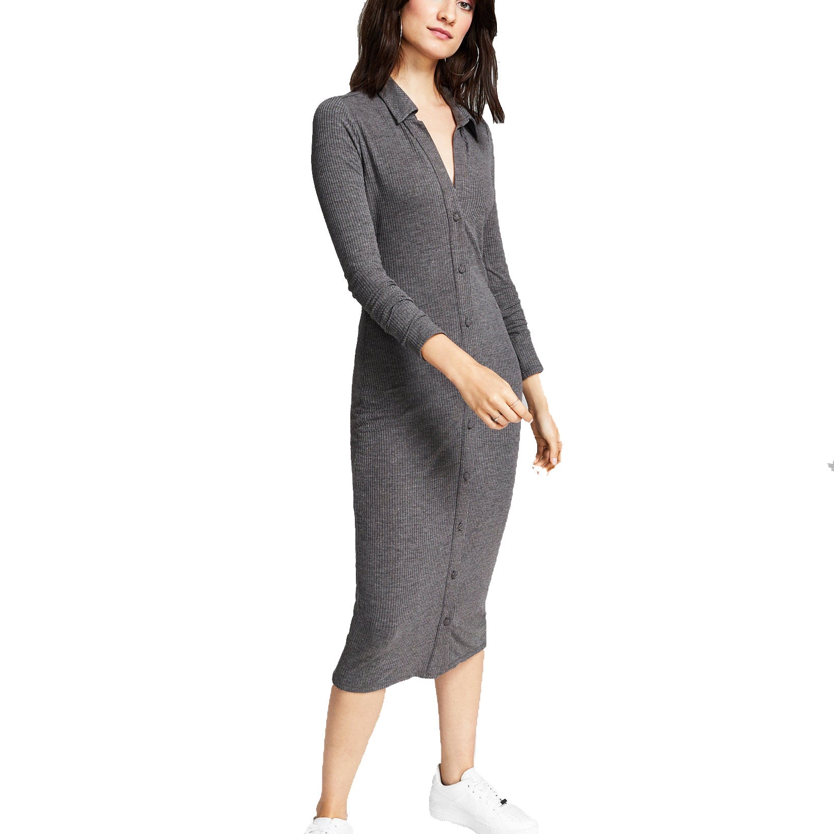 And Now This Women Ribbed Polo Midi Dress Dark Heather Grey