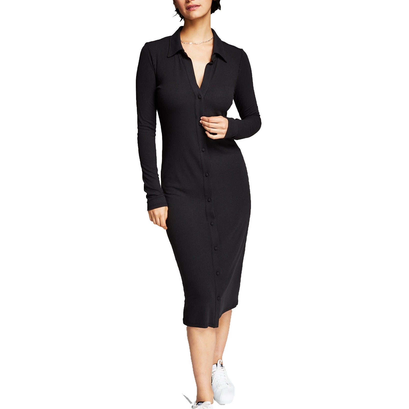 And Now This Women Ribbed Polo Midi Dress Black