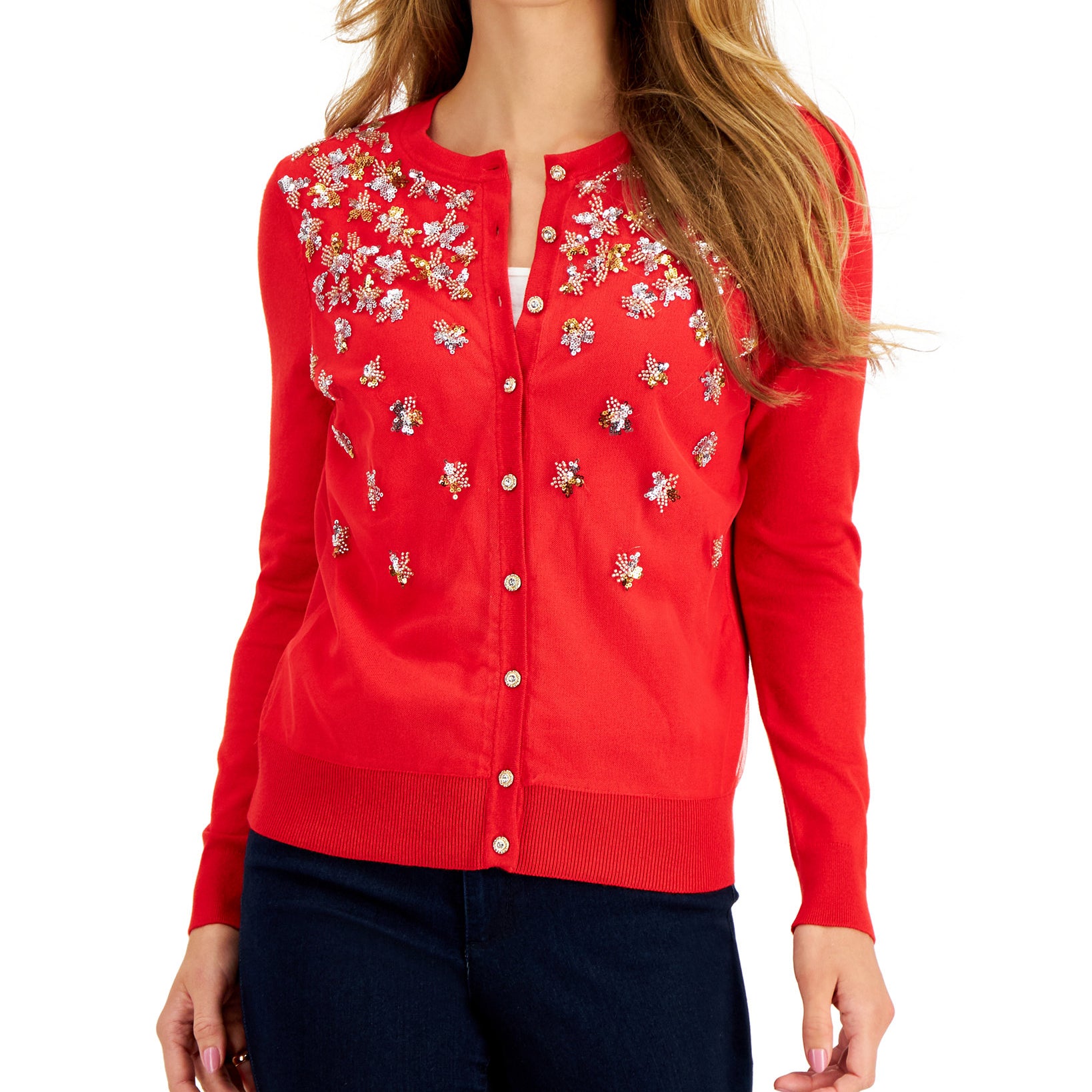 Charter Club Women Sequined Cardigan Ravishing Red Combo