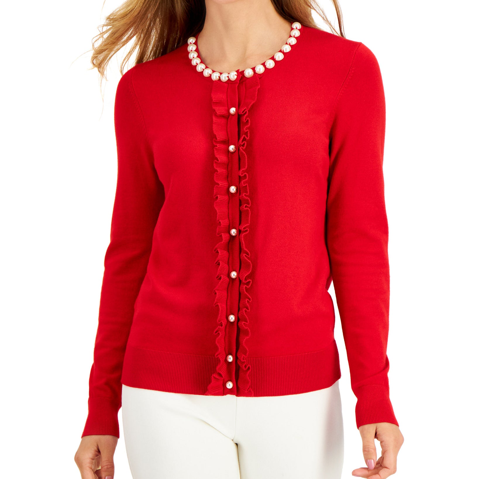 Charter Club Women Ruffled Front Cardigan Ravishing Red Combo