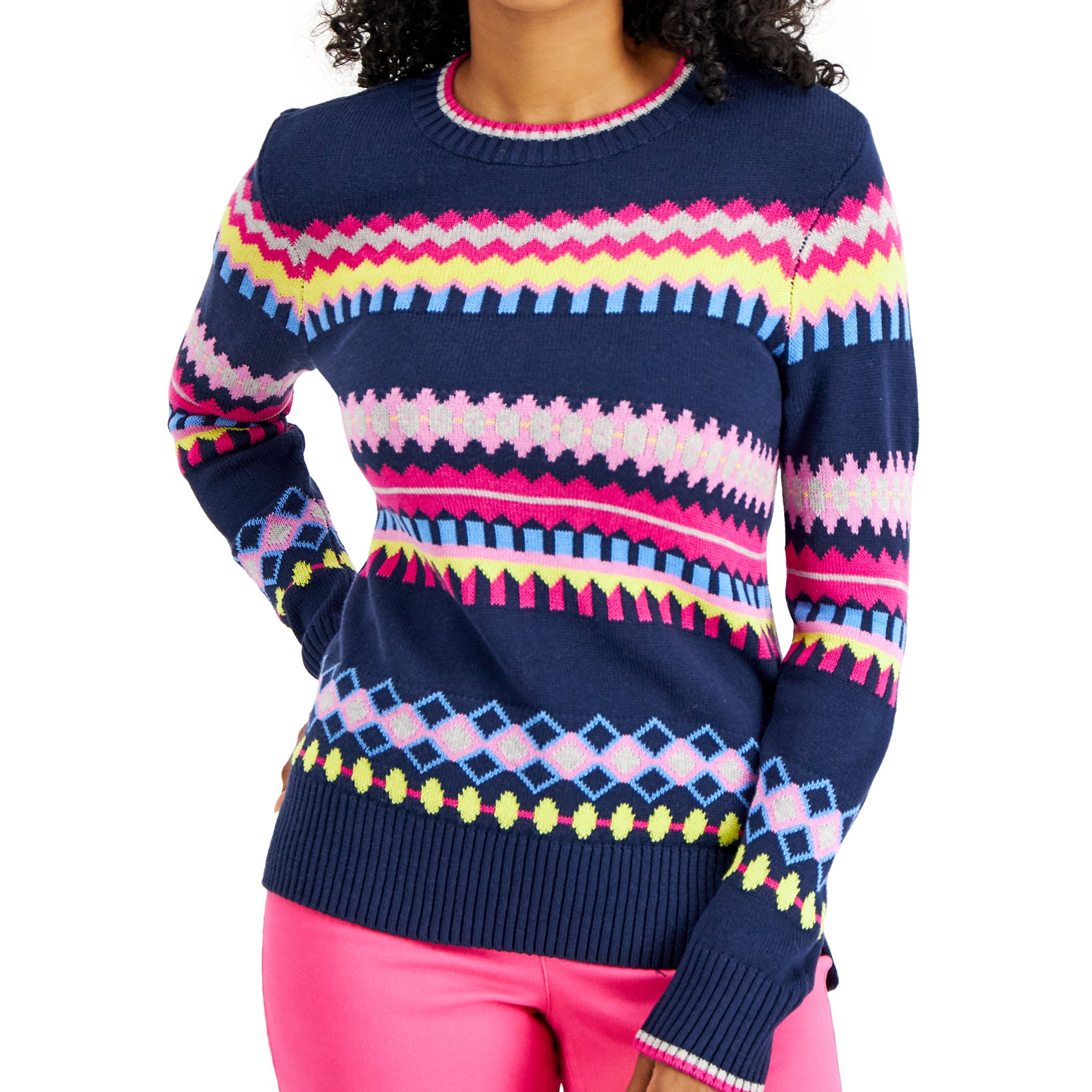 Charter Club Women Striped Geometric Sweater Intrepid Blue Combo
