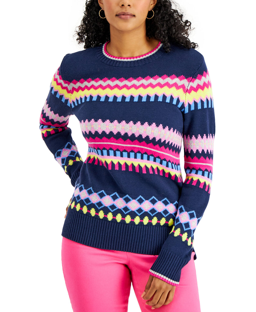 Charter Club Women Striped Geometric Sweater Intrepid Blue Combo