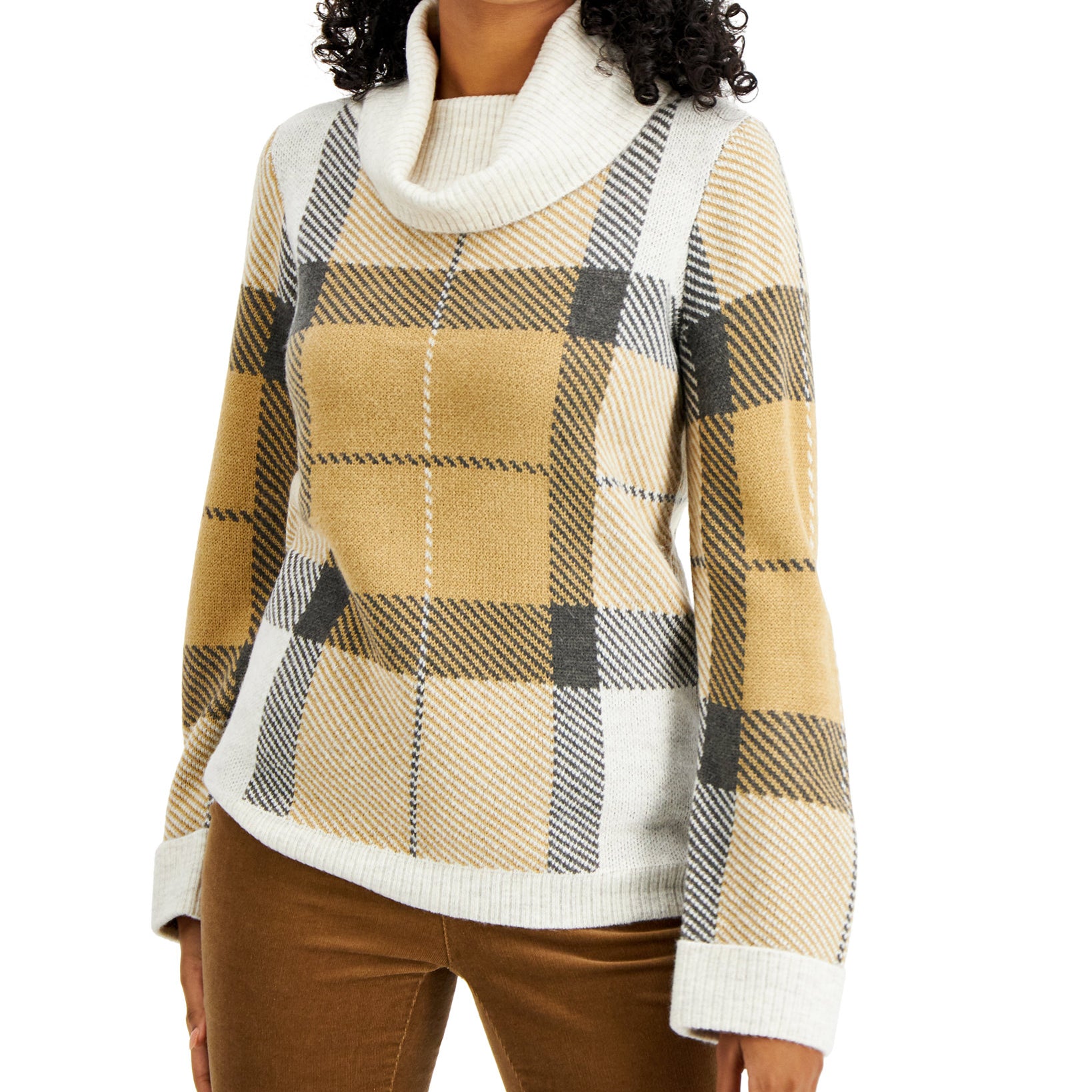 Charter Club Women Plaid Cowlneck Sweater Natural Oat Heather Combo