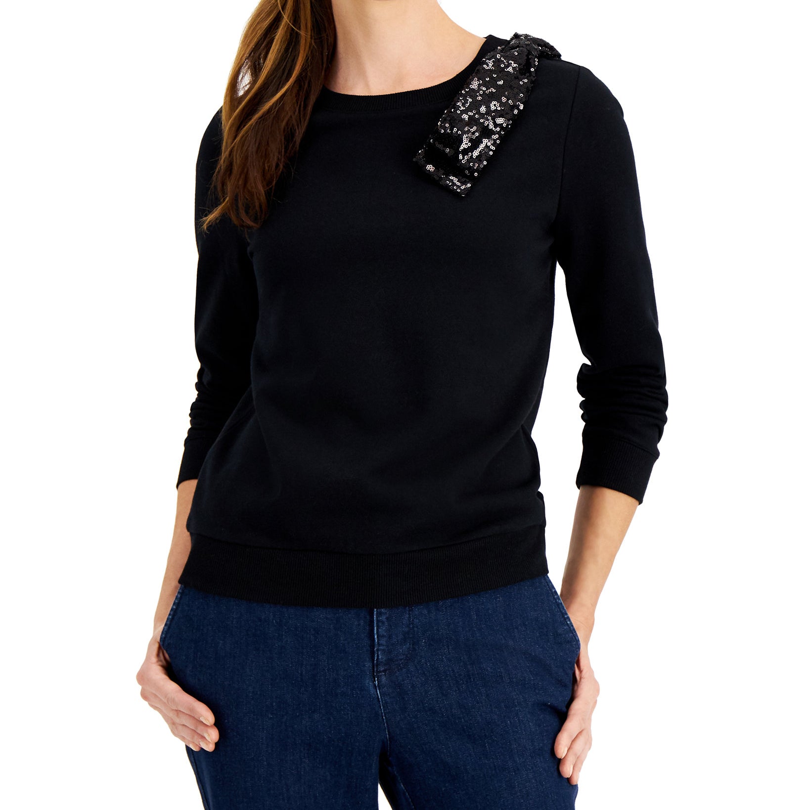 Charter-Club-Women-Sequined-Bow-Long-Sleeve-Top-Deep-Black
