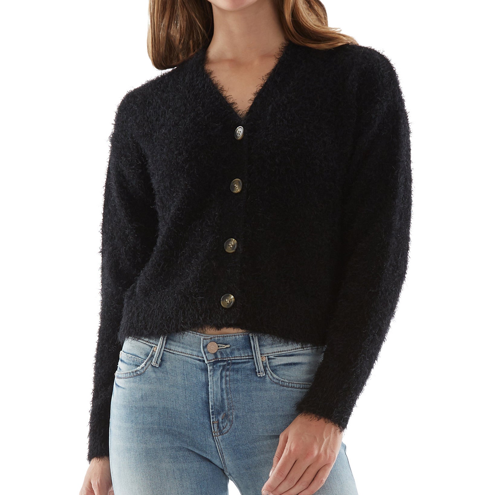 BCX Women Fuzzy Cardigan Cropped Top Black