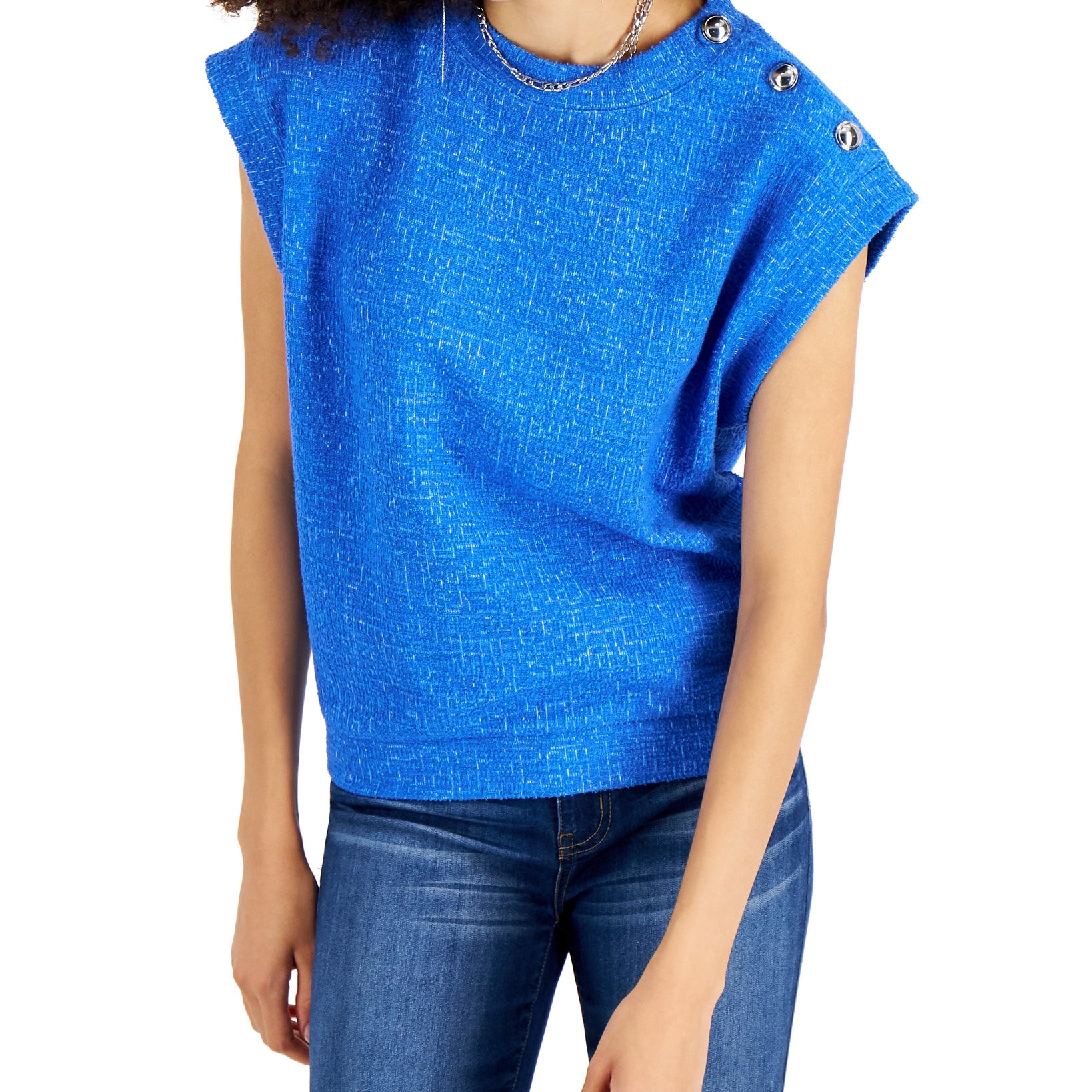 INC International Concepts Women Tweed Button Trim Top Cosmic Cobalt