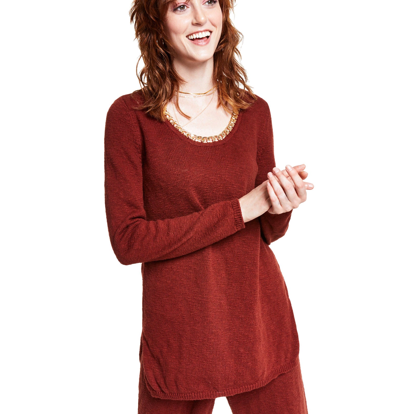 INC International Concepts Women Chain Embellished Tunic Pullover Sweater Deep Sienna