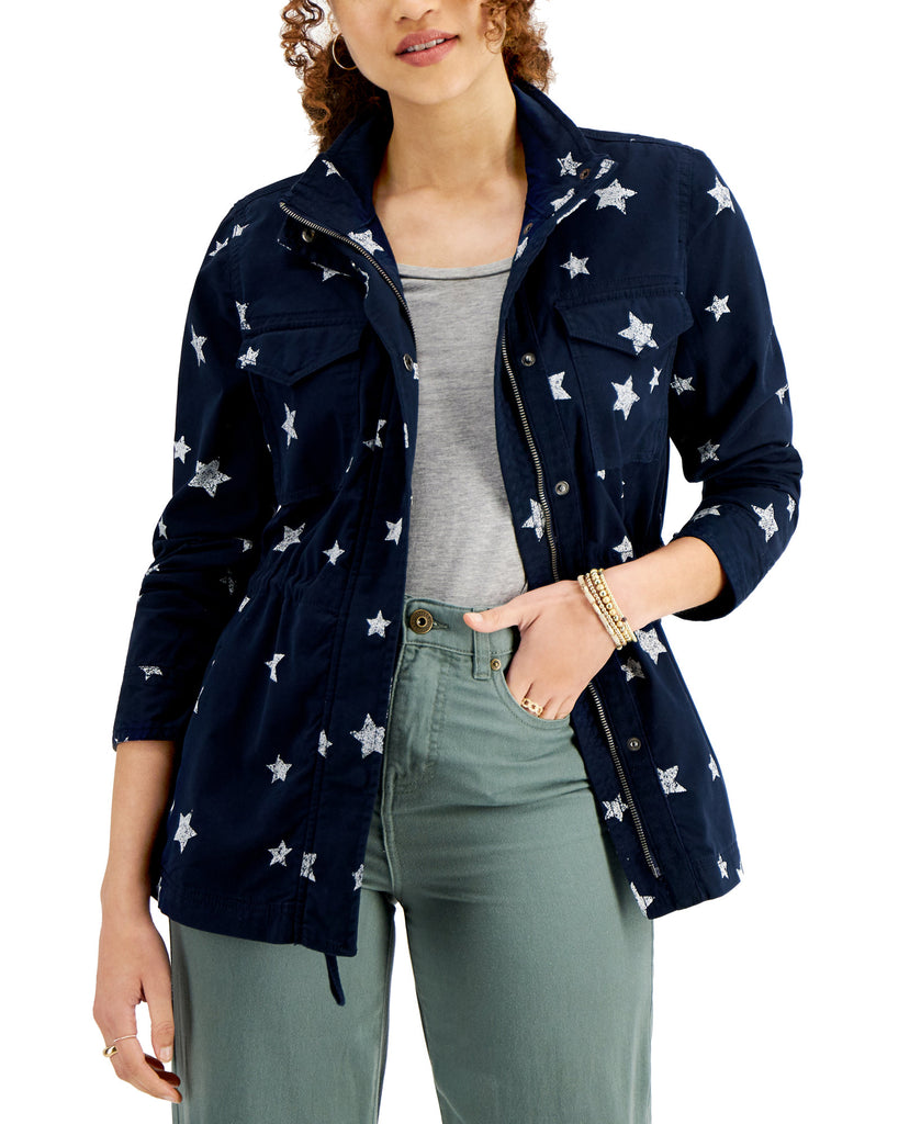 Style & Co Women Printed Twill Zip Front Jacket Industrial Blue
