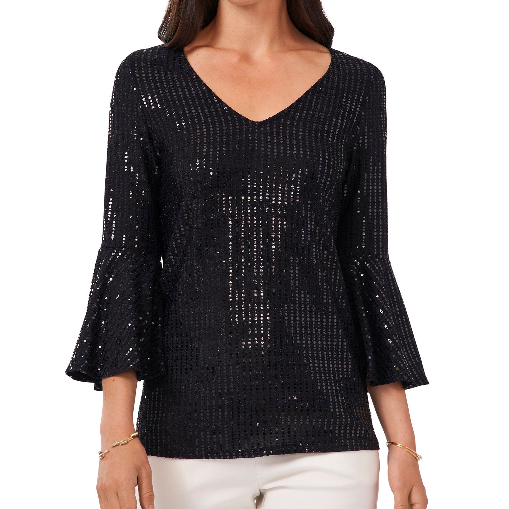 MSK Women V Neck Bell Sleeve Embellished Top Black