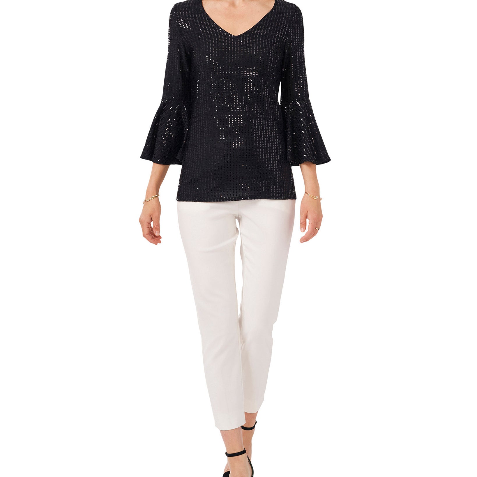 MSK Women V Neck Bell Sleeve Embellished Top