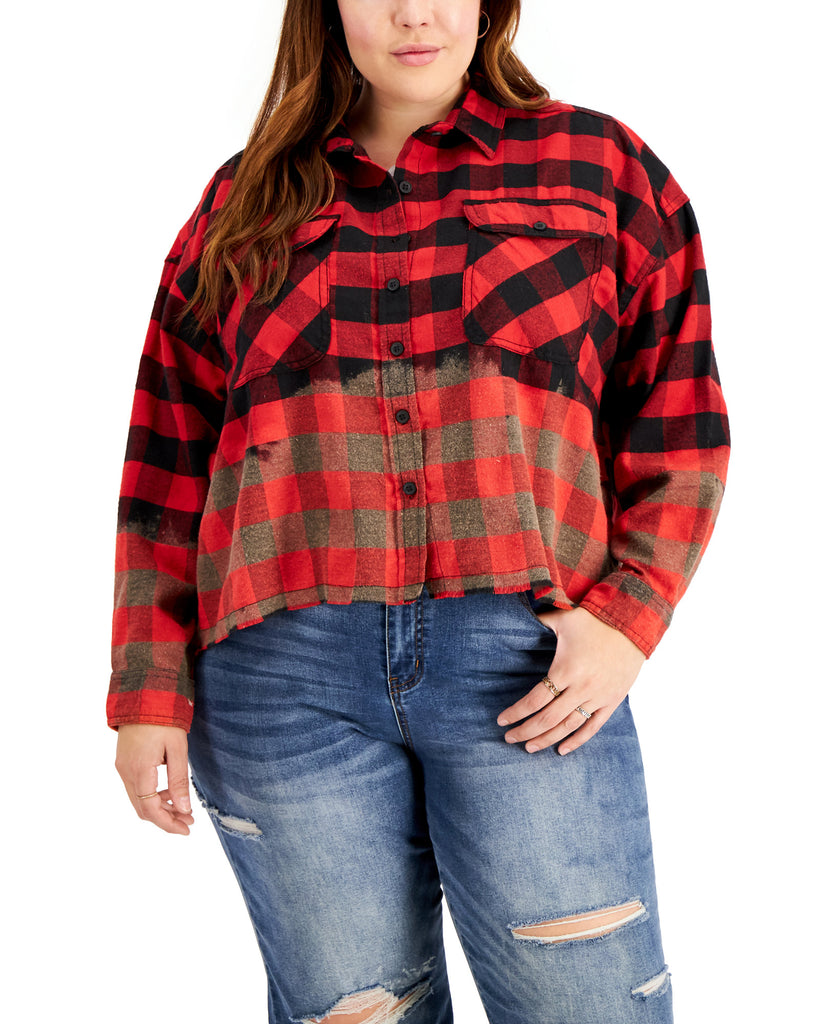 FULL CIRCLE TRENDS Women Plus High Low Bleached Raw Hem Top Check Red