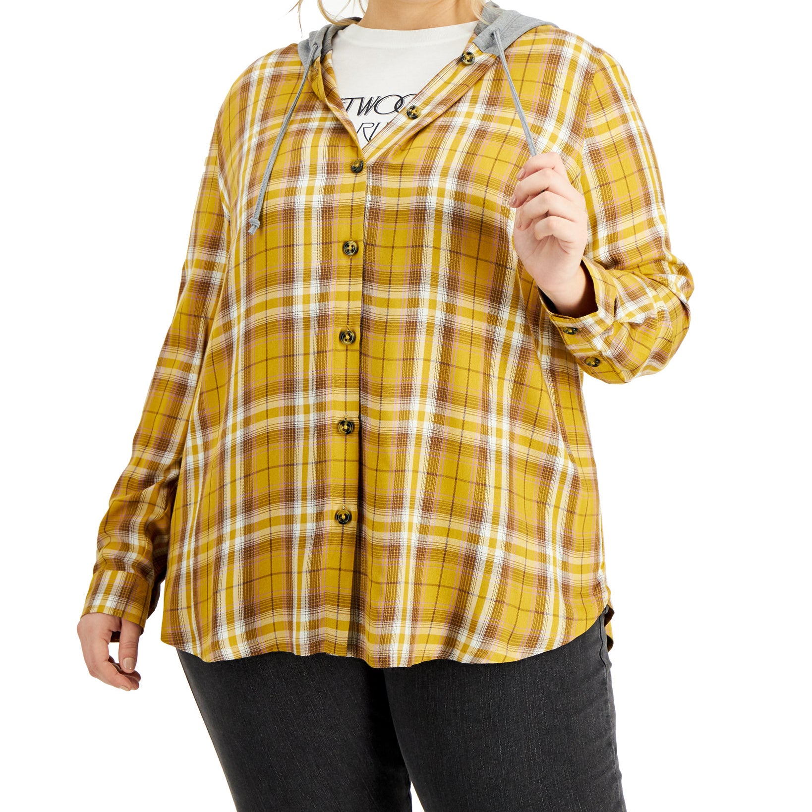 Love, Fire Women Plus Trendy Hooded Plaid Button Front Shirt Mustard Cream