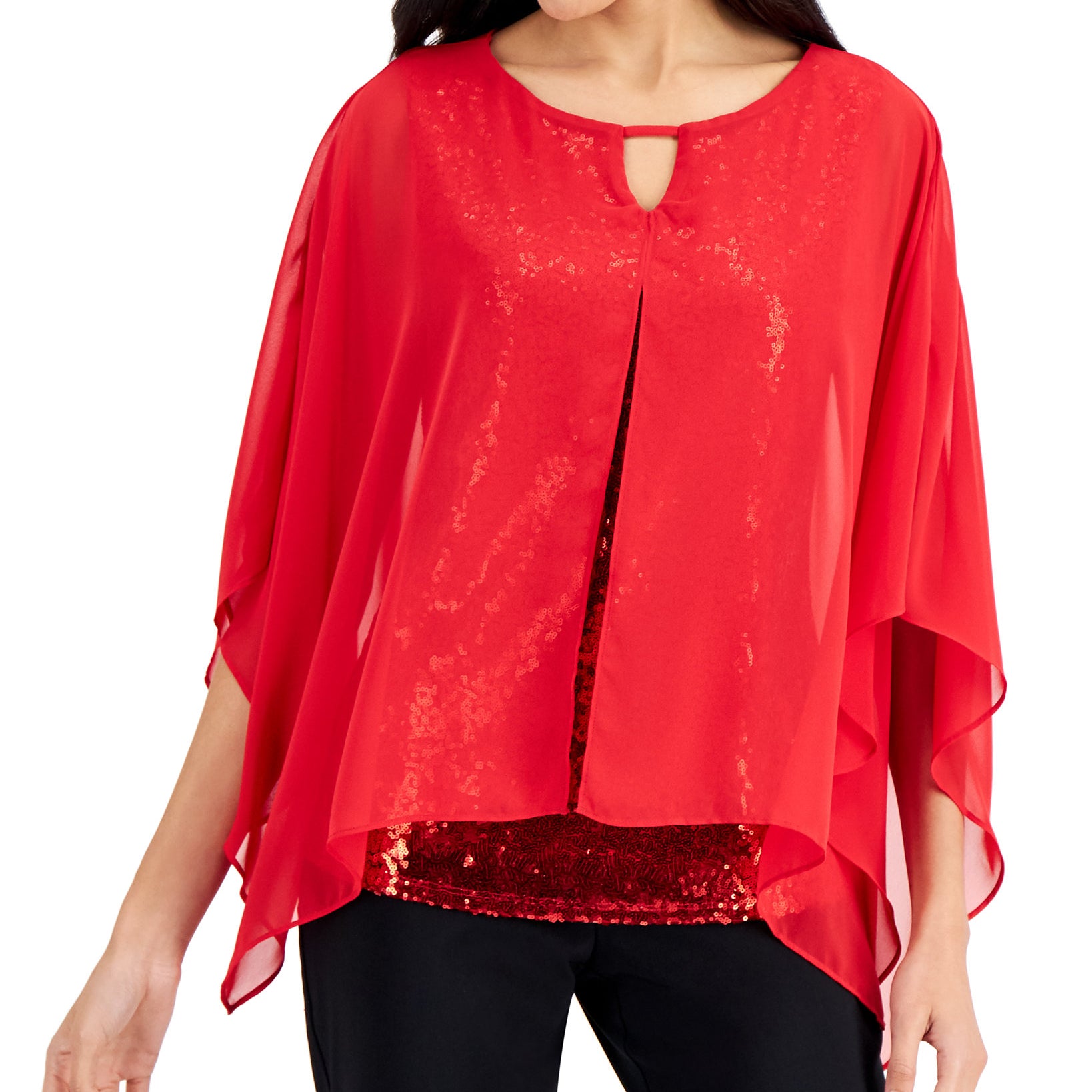 JM Collection Women Petite Mesh Sequin Top Real Red