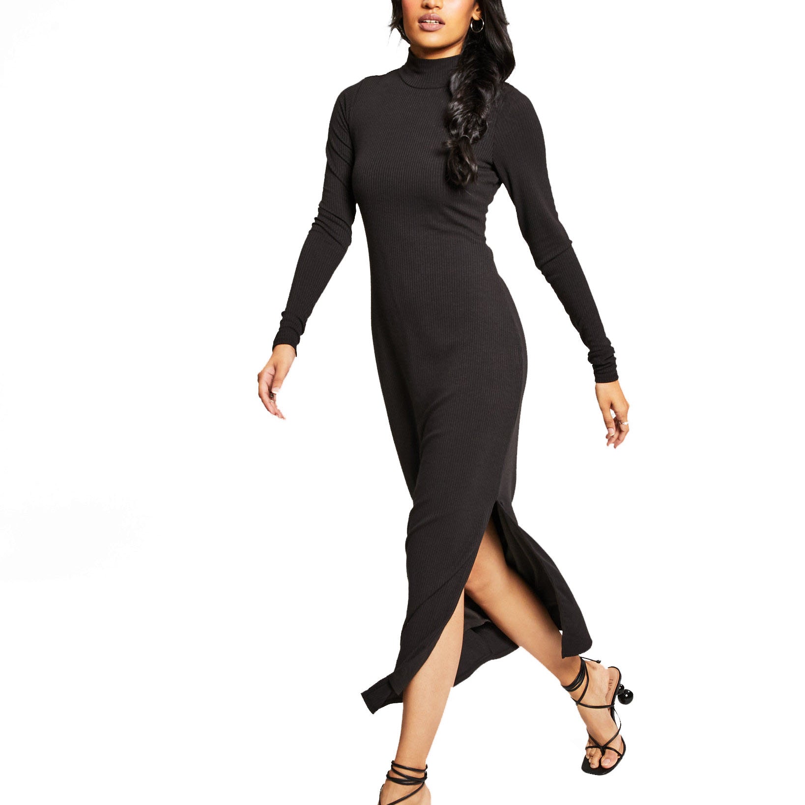 And Now This Women Ribbed High Neck Midi Dress Black