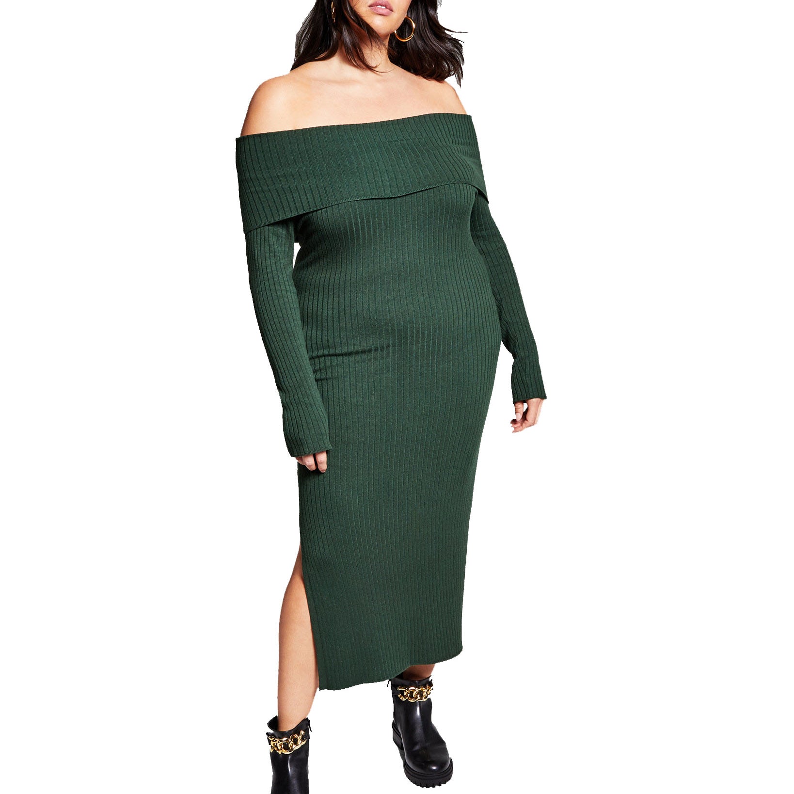 INC International Concepts Women Plus Jeannie Mai X Off the Shoulder Dress Dark Green