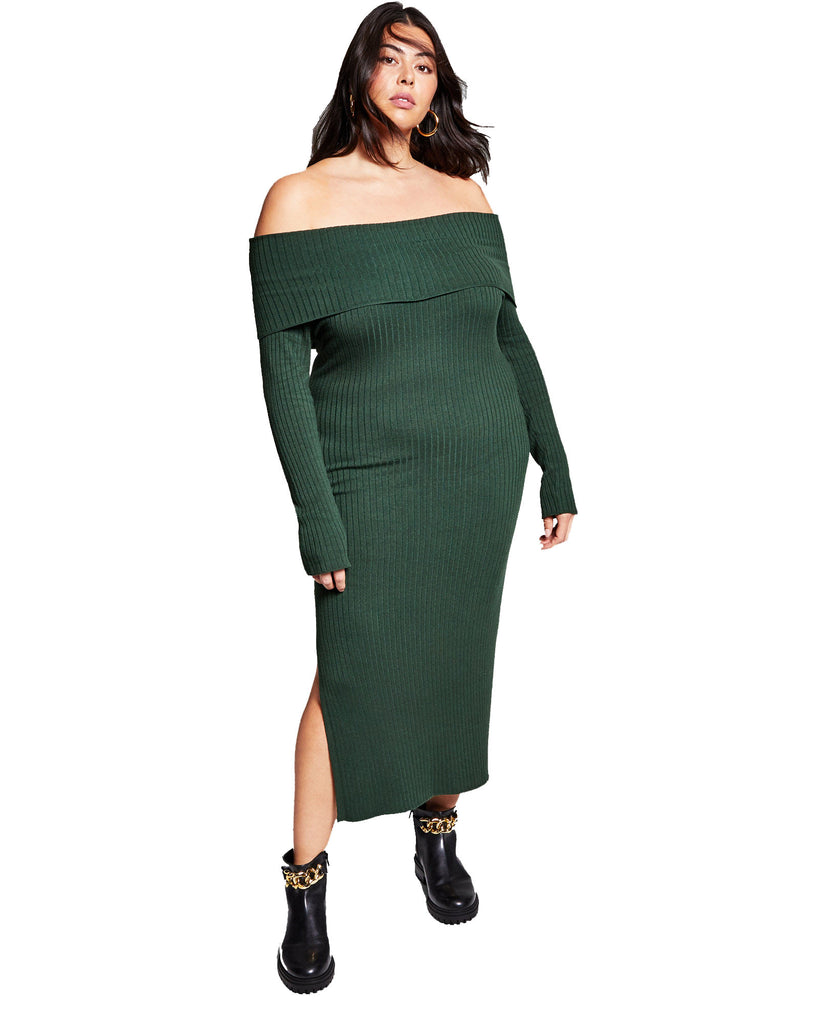 INC International Concepts Women Plus Jeannie Mai X Off the Shoulder Dress Dark Green