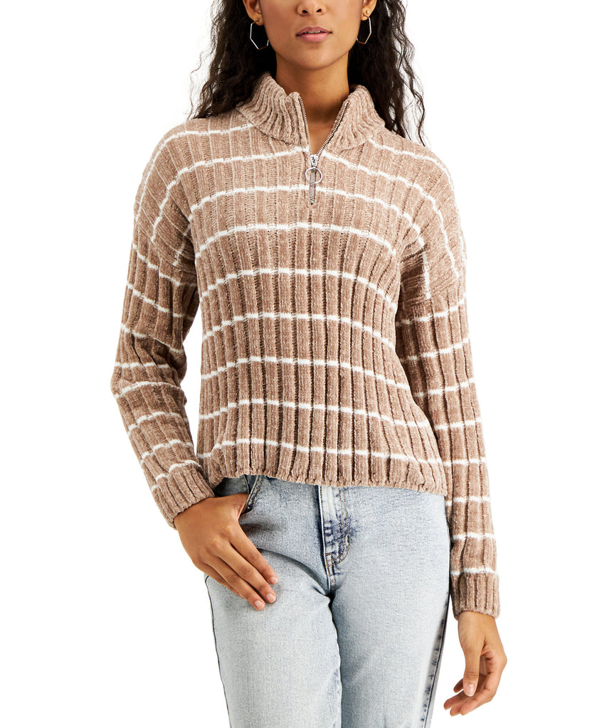 Hippie Rose Women Ribbed Chenille Sweater Mocha Stripe