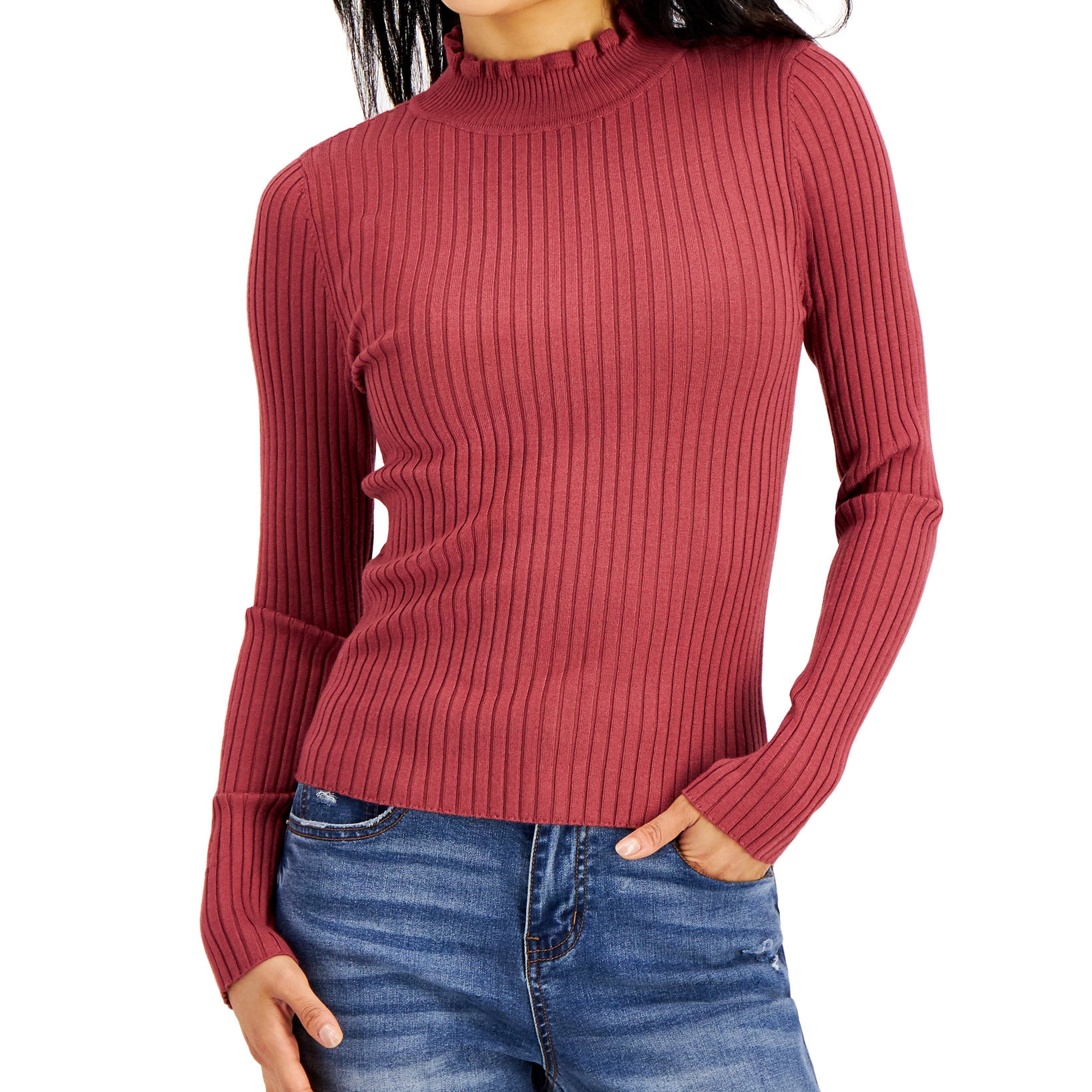 Hooked Up by IOT Women Lettuce Edge Ribbed Sweater Pink