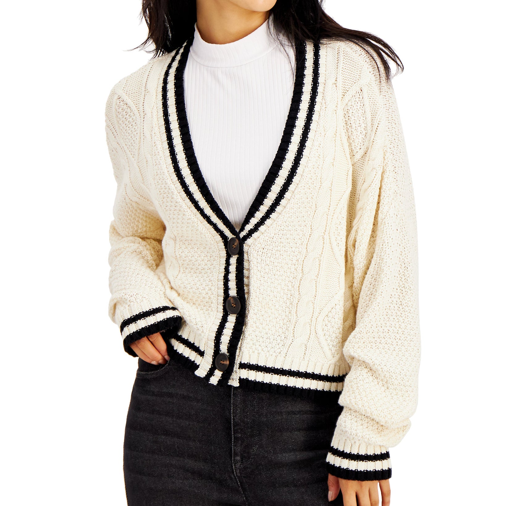 Hooked Up by IOT Women Varsity Cable Knit Cardigan Cream w Black
