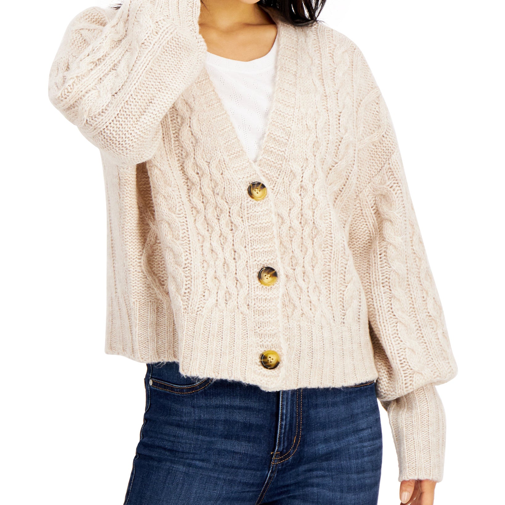 Hooked Up by IOT Juniors Cable Knit Cardigan Tan