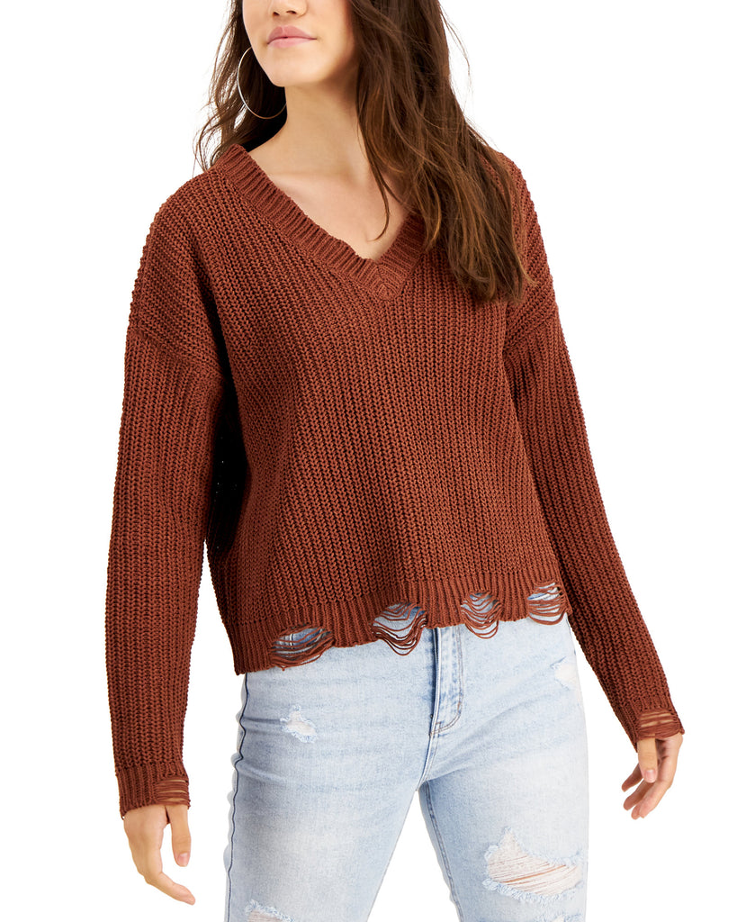 Planet Gold Women Deconstructed Chenille Sweater Brown