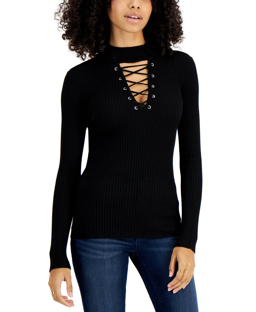 Planet Gold Women Lace Up Mock Neck Sweater Black