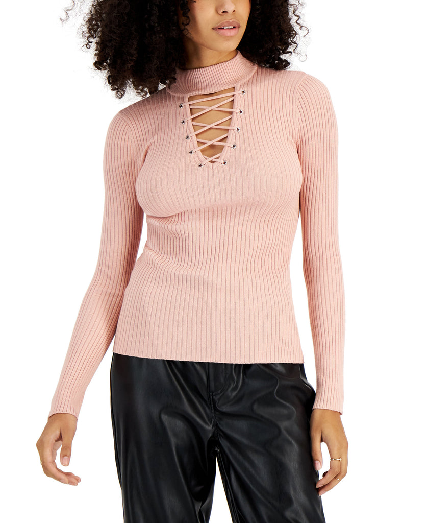 Planet Gold Women Lace Up Mock Neck Sweater Misty Rose