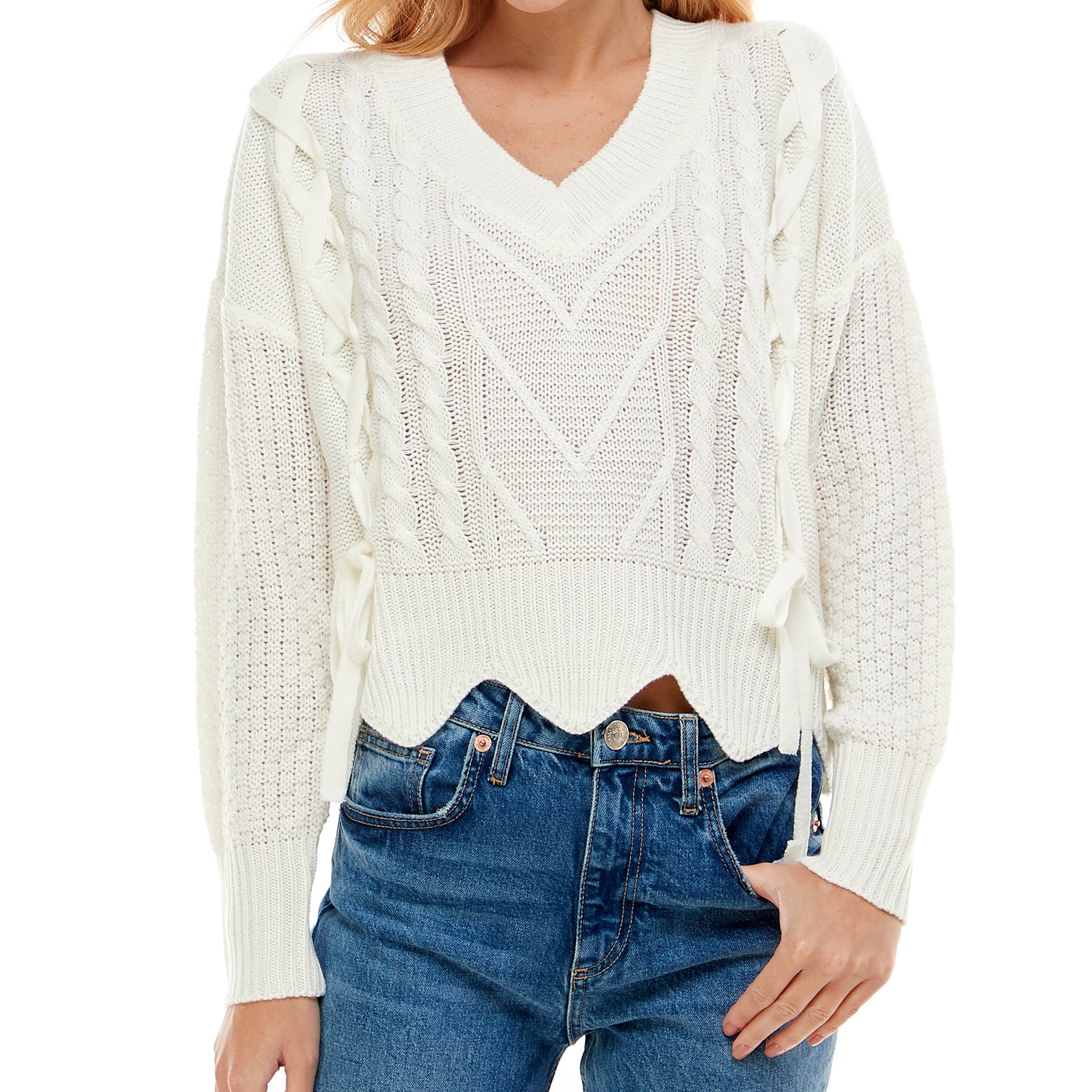 Ultra Flirt Women Mixed Cable Knit Sweater Ivory