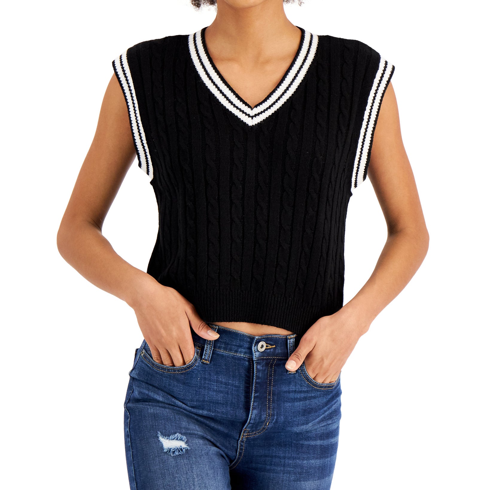 Sugar Moon Women Cable Knit Sweater Vest Black